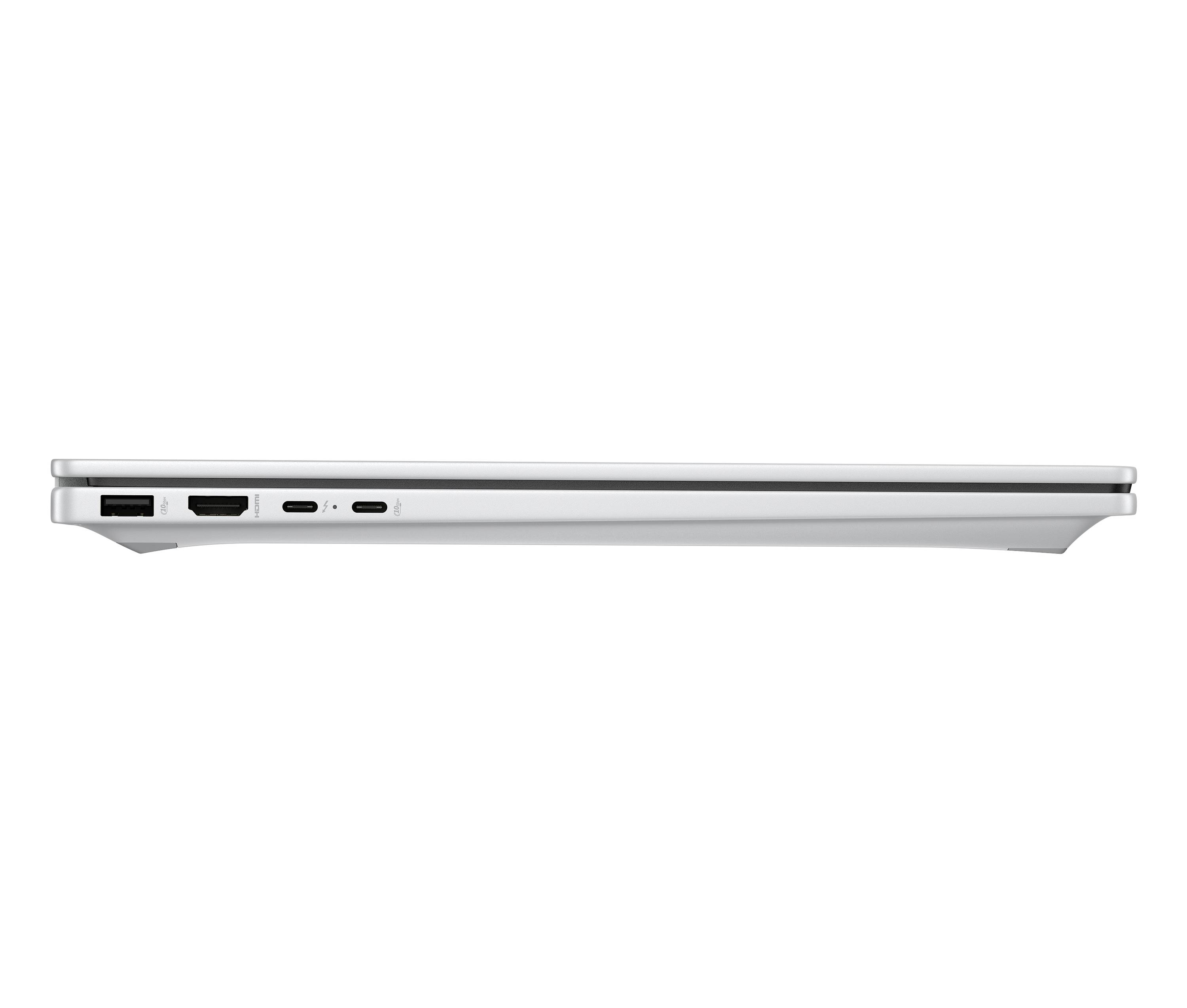 Seitenansicht eines schlanken silbernen Laptops, der sein geschlossenes Profil zeigt, mit USB-, HDMI- und Audioanschlüssen, die auf der linken Seite sichtbar sind.