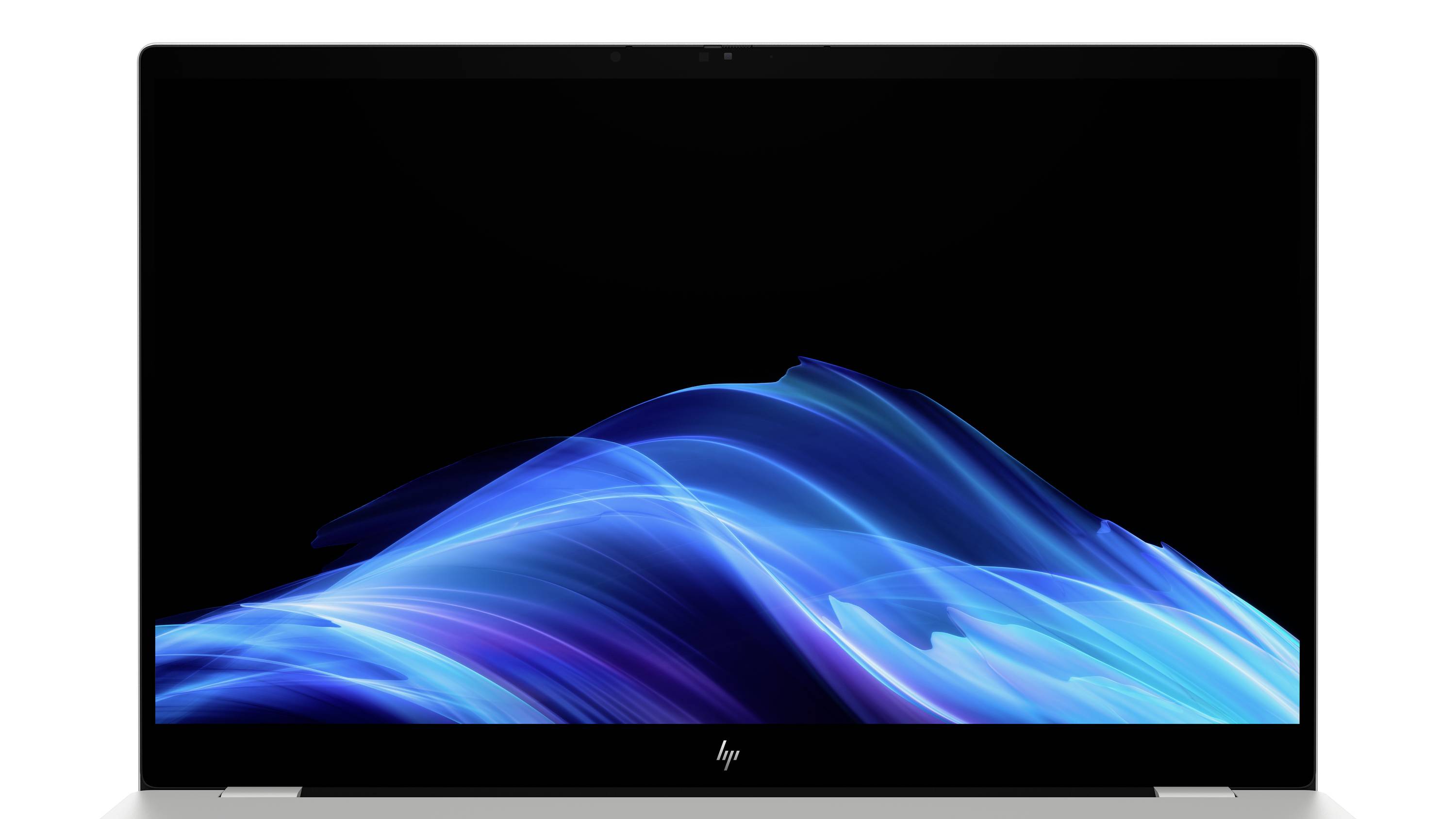 HP-Laptop mit schwarzem Bildschirm, auf dem eine blaue abstrakte Wellen-Hintergrundgrafik angezeigt wird