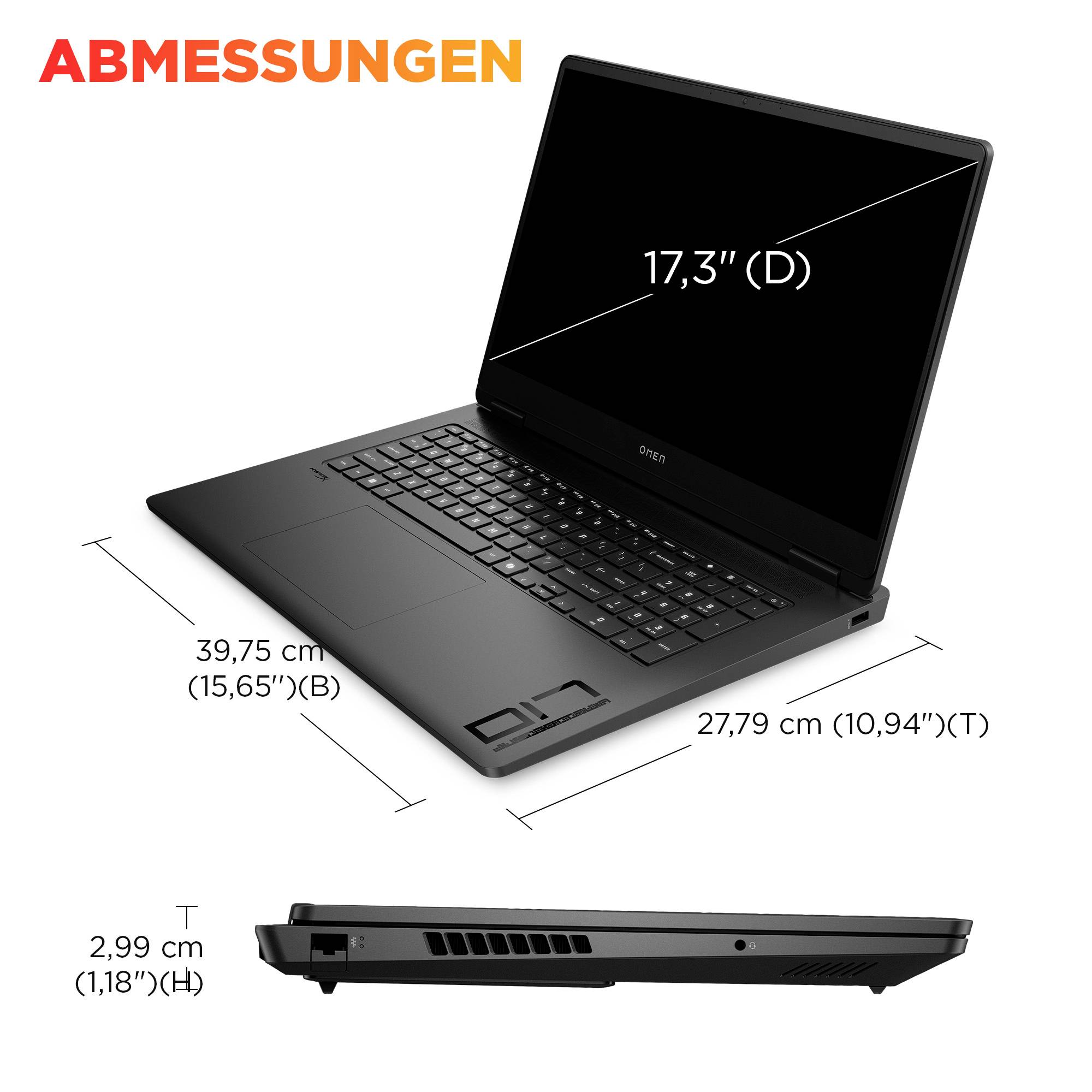 Laptop-Größendiagramm mit den Abmessungen: 17,3-Zoll-Display, 39,75 cm Breite, 27,79 cm Tiefe und 2,99 cm Höhe.