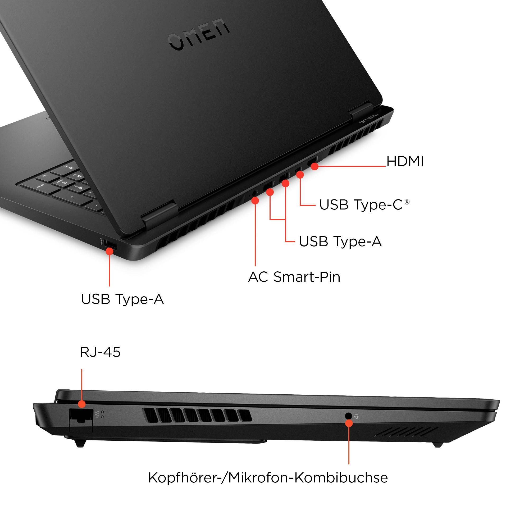 Beschriftetes Laptop-Anschlussdiagramm, das die Positionen von USB Typ-A, AC Smart-Pin, USB Typ-C, HDMI, RJ-45 und Kopfhörer-/Mikrofon-Kombibuchse an den Laptop-Seiten zeigt.