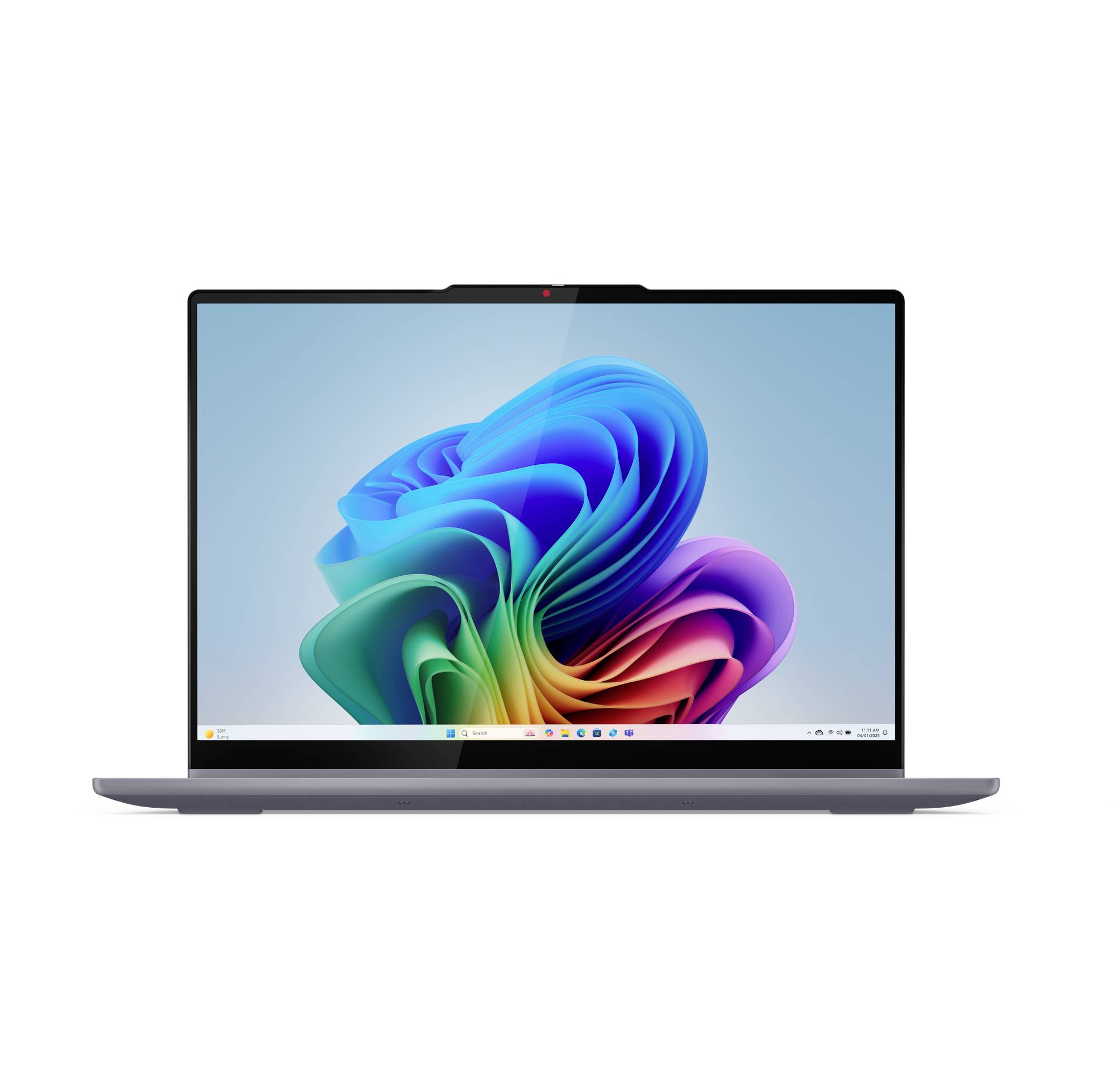 Silberner Laptop in geöffneter Position mit einem farbenfrohen abstrakten Windows-ähnlichen Hintergrundbild auf dem Bildschirm