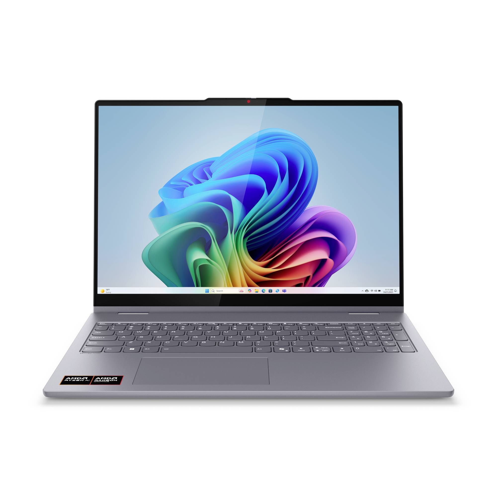 Grauer Laptop mit einem großen Bildschirm, der eine farbenfrohe abstrakte Windows-ähnliche Hintergrundgrafik anzeigt, offen auf weißem Hintergrund.