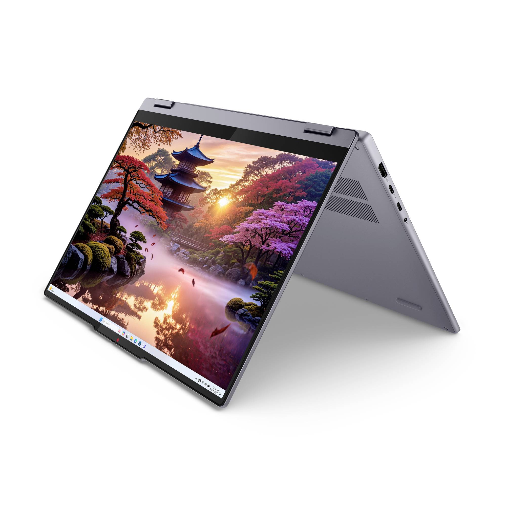 Silberner 2-in-1-Laptop im Zeltmodus mit lebendiger Landschaftstapete, die eine Pagode und Sonnenuntergantsreflektion zeigt.