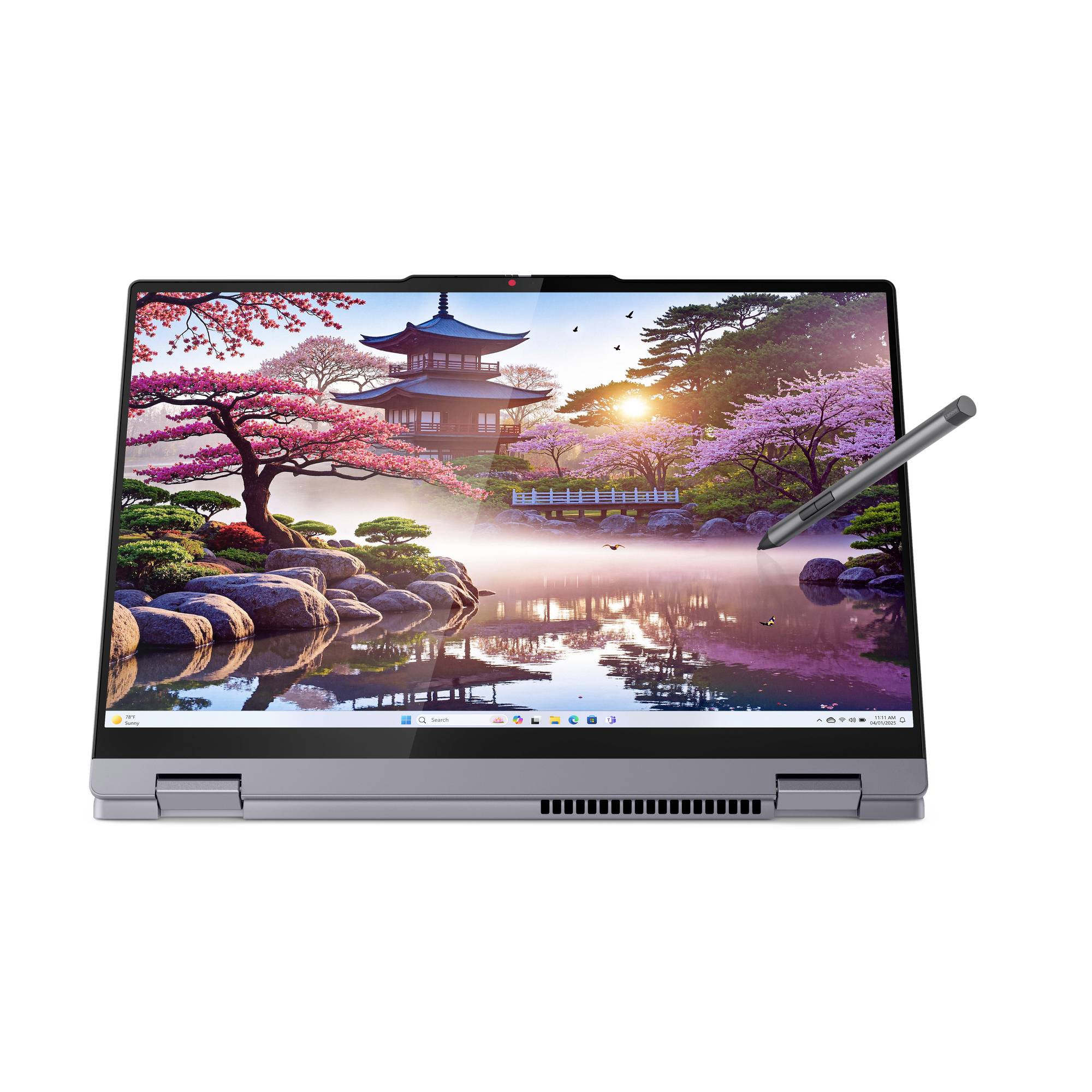 Convertible-Laptop mit einer ruhigen japanischen Garten-Tapete, die eine Pagode, Kirschblüten und Wasser zeigt, mit einem Stift, der auf der rechten Seite positioniert ist