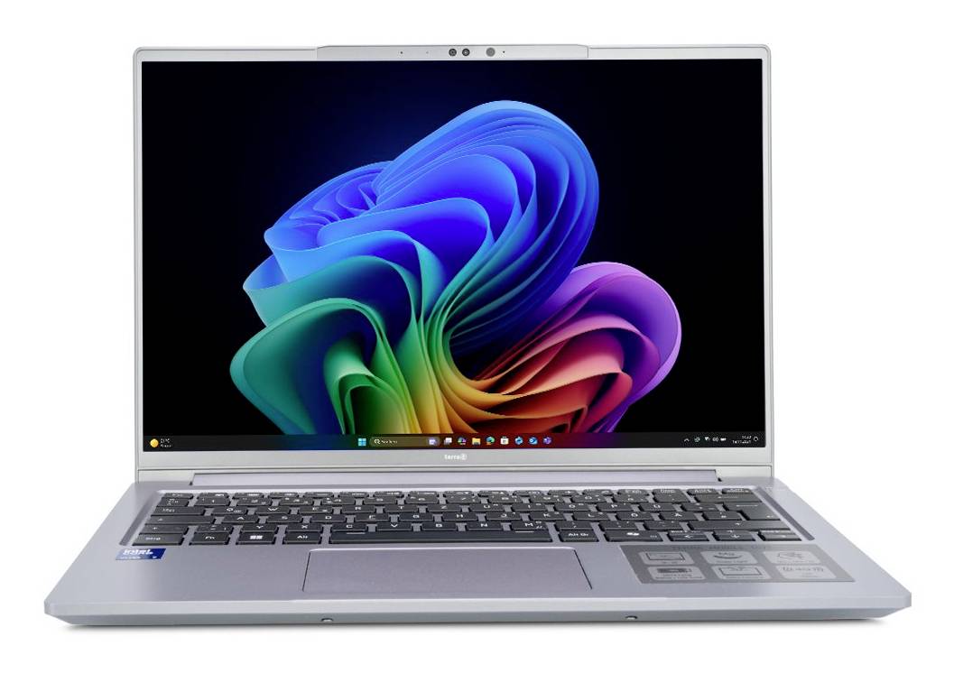 Silberner Laptop offen und frontal ausgerichtet, zeigt ein farbenfrohes abstraktes Windows-ähnliches Hintergrundbild auf dem Bildschirm.