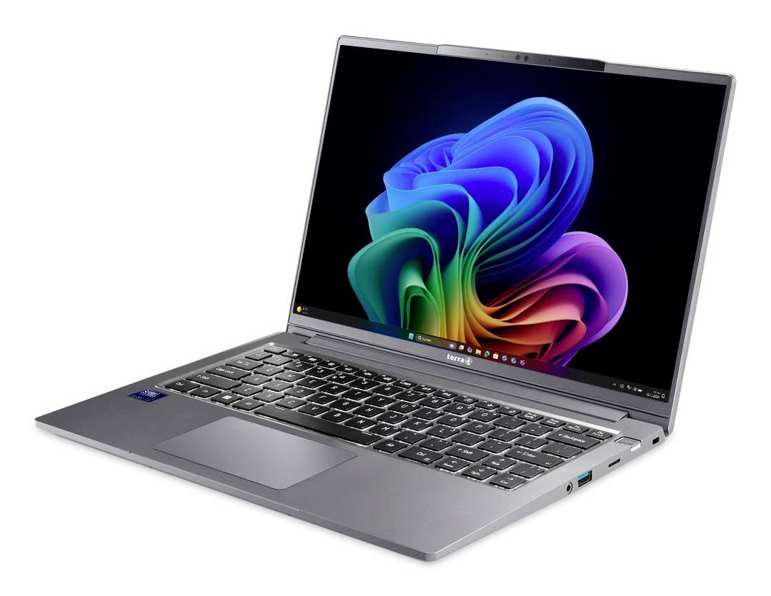 Silberner Laptop in einem Winkel geöffnet, zeigt ein farbenfröhliches abstraktes Hintergrundbild auf dem Bildschirm und eine sichtbare Tastatur und ein Trackpad.
