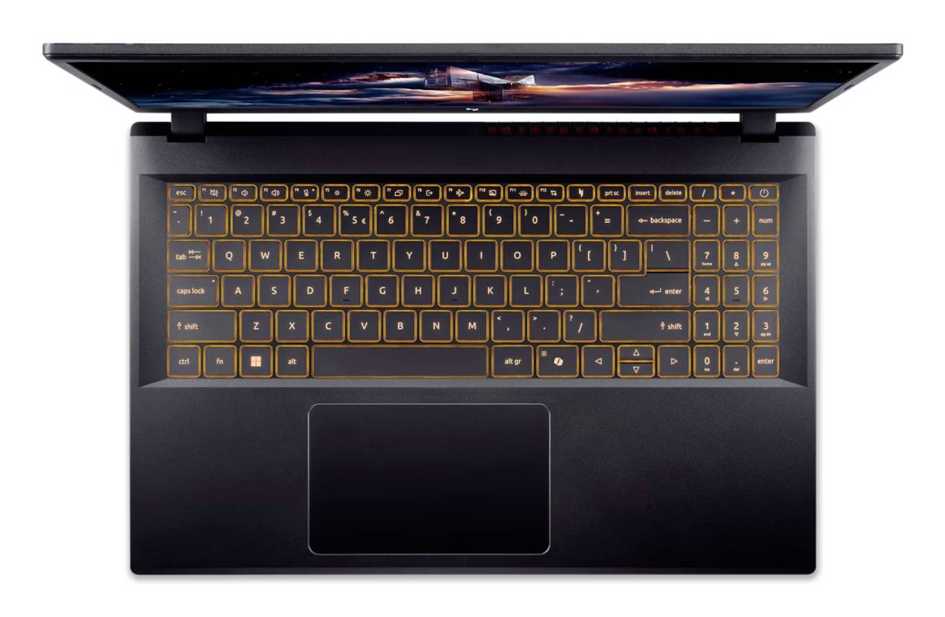 Offener schwarzer Laptop von oben betrachtet mit hinterleuchter Tastatur und großem Touchpad.