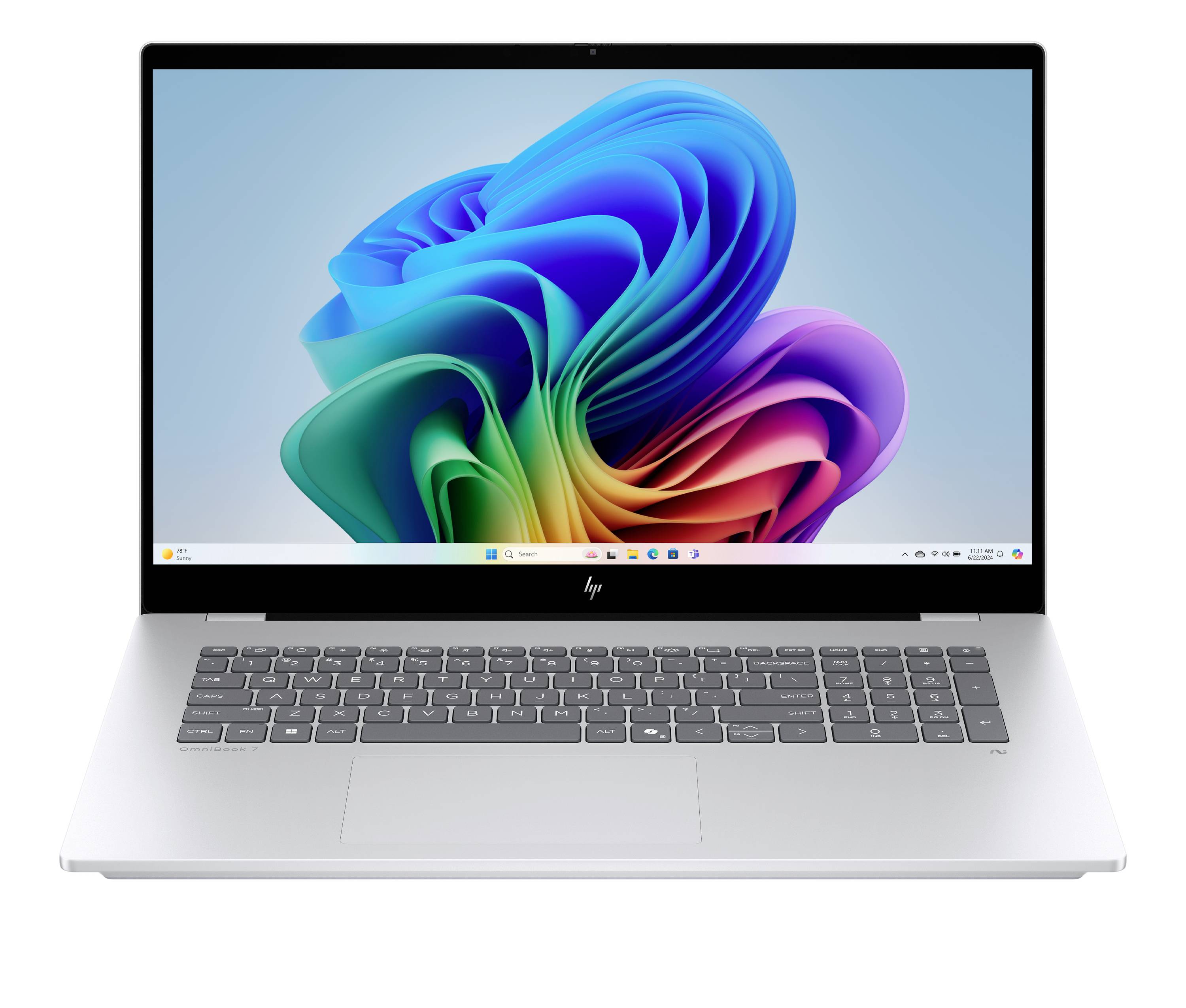 Silberner HP-Laptop mit Windows 11 Standard-Hintergrundbild mit buntem abstraktem Design auf dem Bildschirm, Vorderansicht auf weißem Hintergrund gezeigt.