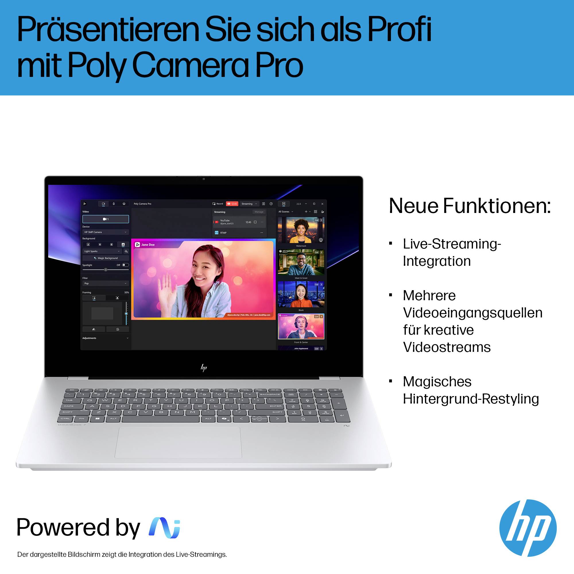 HP-Promotplakat zeigt einen Laptop, auf dem Poly Camera Pro mit einer Live-Streaming-Oberfläche ausgeführt wird. Der Text hebt neue Funktionen hervor: Live-Streaming-Integration, mehrere Videoquellen und Hintergrund-Umgestaltung.