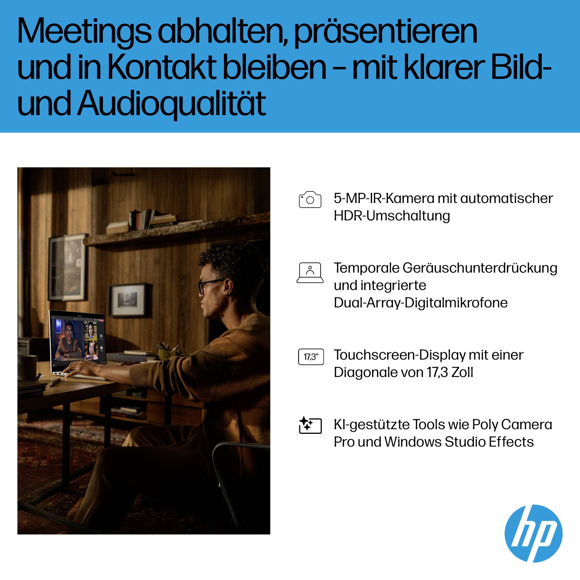HP-Laptopanzeige zeigt eine Person bei einer Videokonferenz; deutsche Überschrift bewirbt Meetings, Präsentationen und klare Audio-/Videoqualität mit aufgelisteten Funktionen wie 5-MP-IR-Kamera, Rauschunterdrückung, 17,3-Zoll-Touchscreen und KI-Tools.