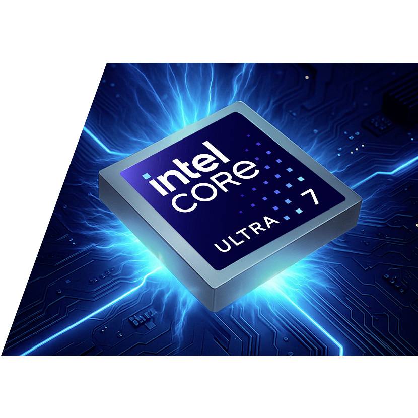 Intel Core Ultra 7 Prozessor-Chip, der auf einem Leiterplattenhintergrund blau leuchtet.