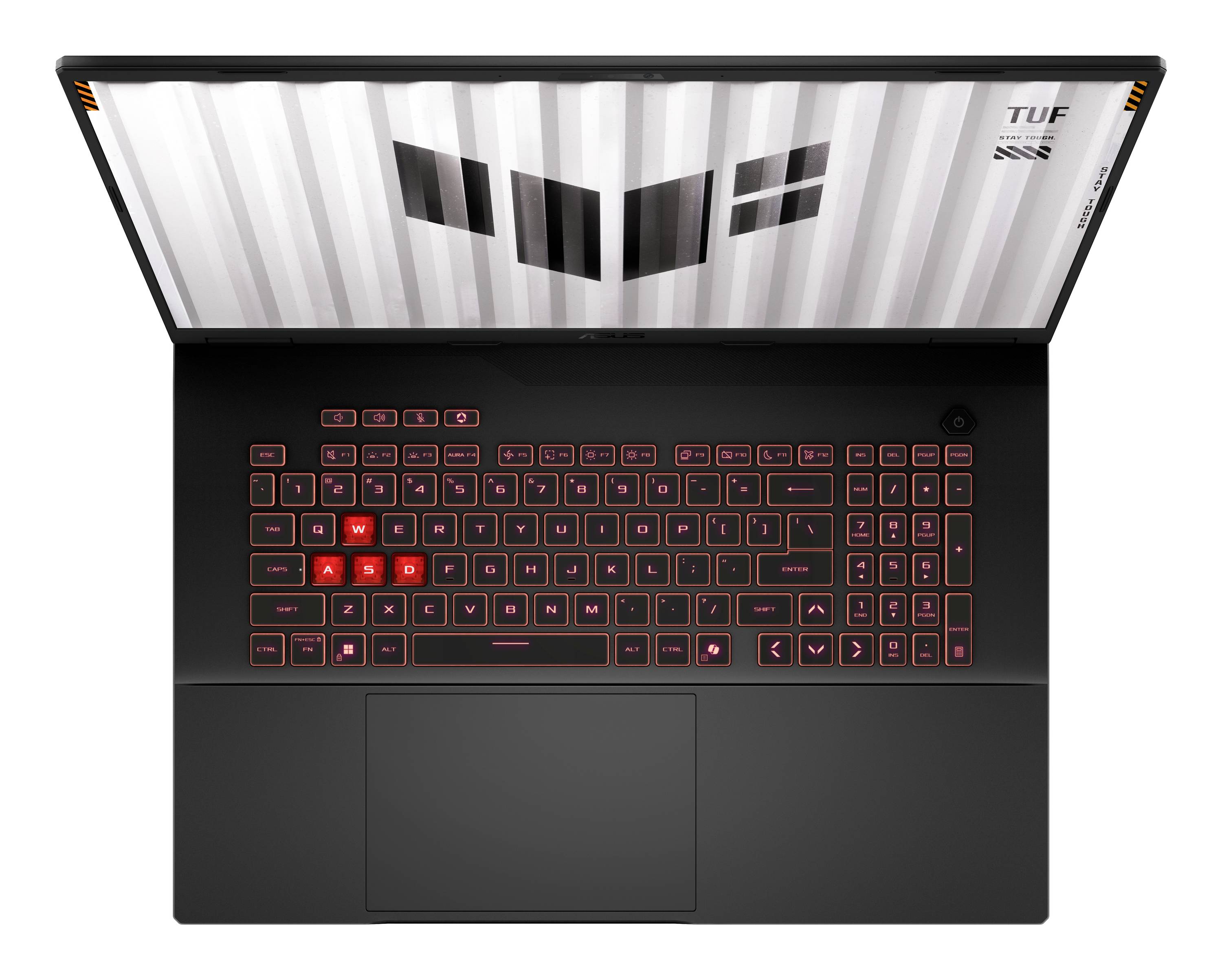 ASUS TUF Laptop von oben gezeigt mit geöffnetem Bildschirm, schwarzem Gehäuse, rot beleuchteter Tastatur und großem zentralem Touchpad.