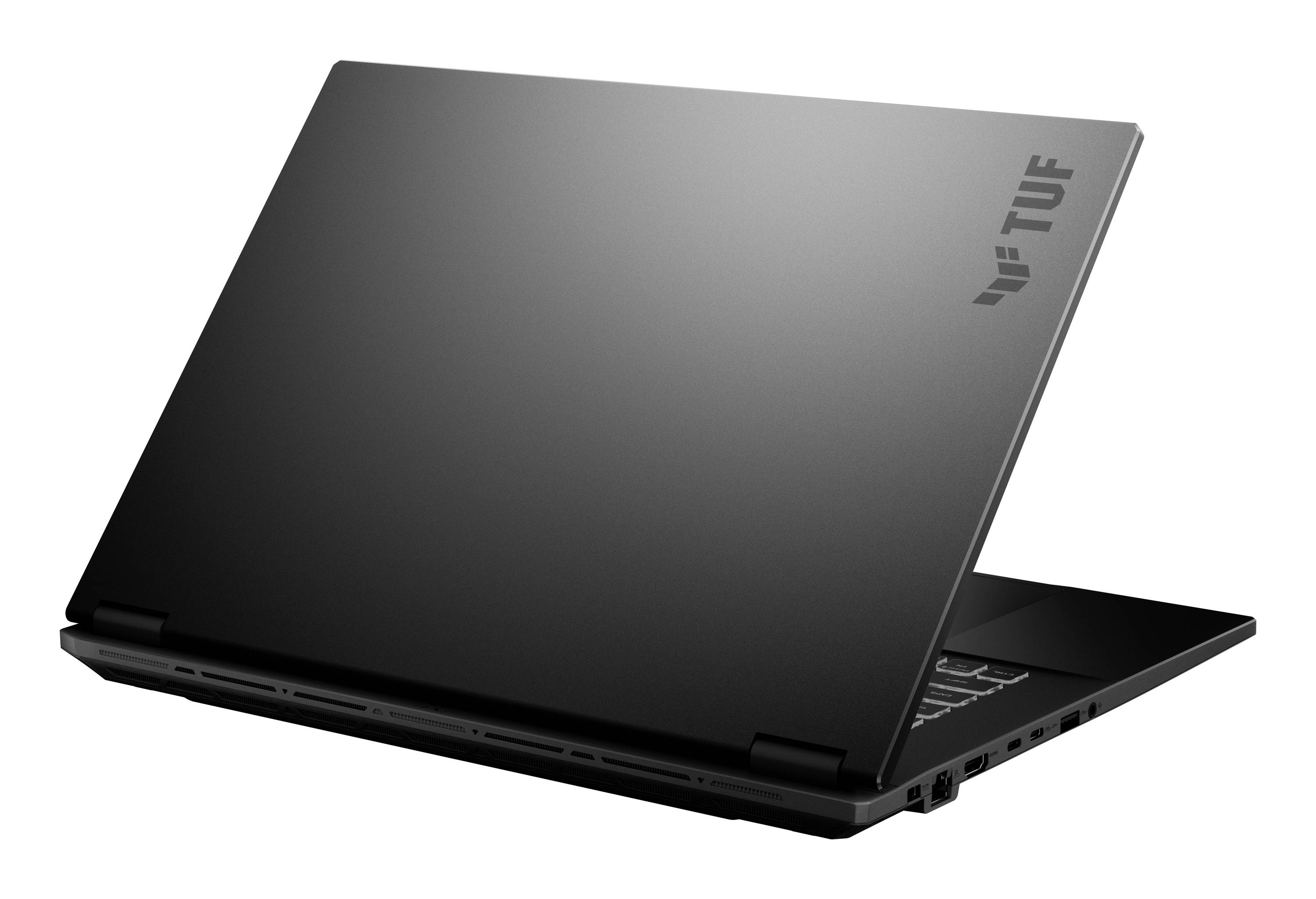 Schwarz gebrandeter TUF-Laptop, der teilweise von hinten auf einem schlichten weißen Hintergrund geöffnet gezeigt wird.