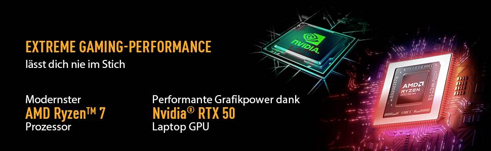 Werbe-Grafik zum Vergleich von Gaming-PC-Komponenten: AMD Ryzen 7 Prozessor auf der linken Seite und Nvidia RTX 50 GPU auf der rechten Seite, mit Hervorhebung der extremen Gaming-Leistung.