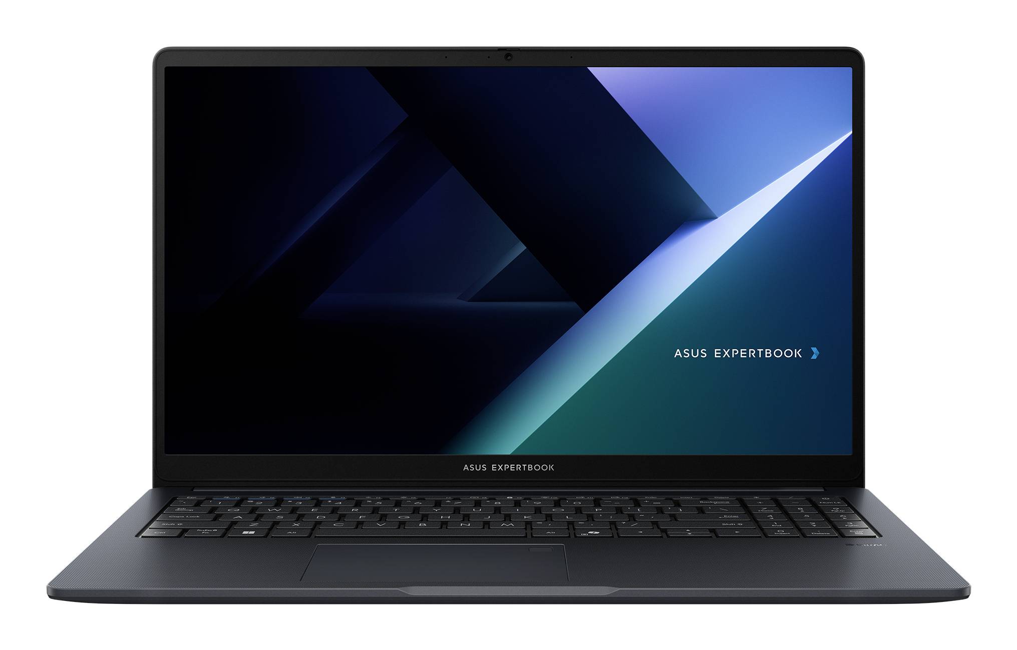Vorderansicht eines ASUS ExpertBook-Laptops mit eingeschaltetem Bildschirm, das eine blaue geometrische Tapete und das Logo „ASUS EXPERTBOOK