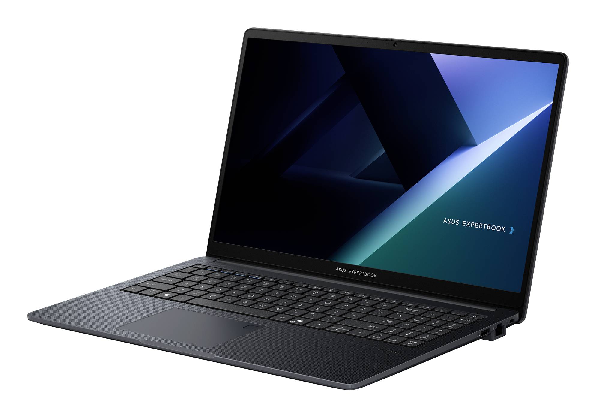 Aufgeklappter ASUS ExpertBook Laptop in schräger Ansicht auf weißem Hintergrund.