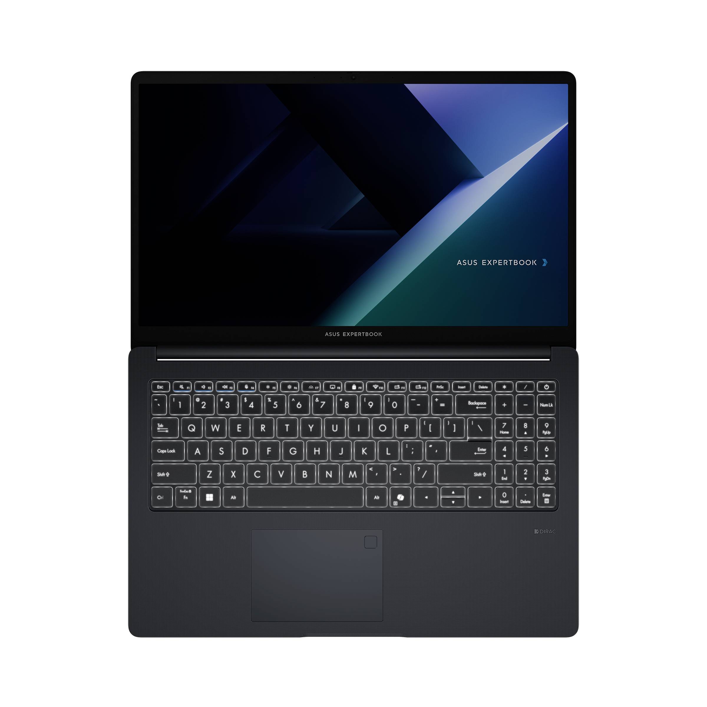 Zuklappbarer oder teilweise geöffneter ASUS ExpertBook-Laptop, mit sichtbarer Tastatur und blauem geometrischem Hintergrund auf dem Bildschirm.