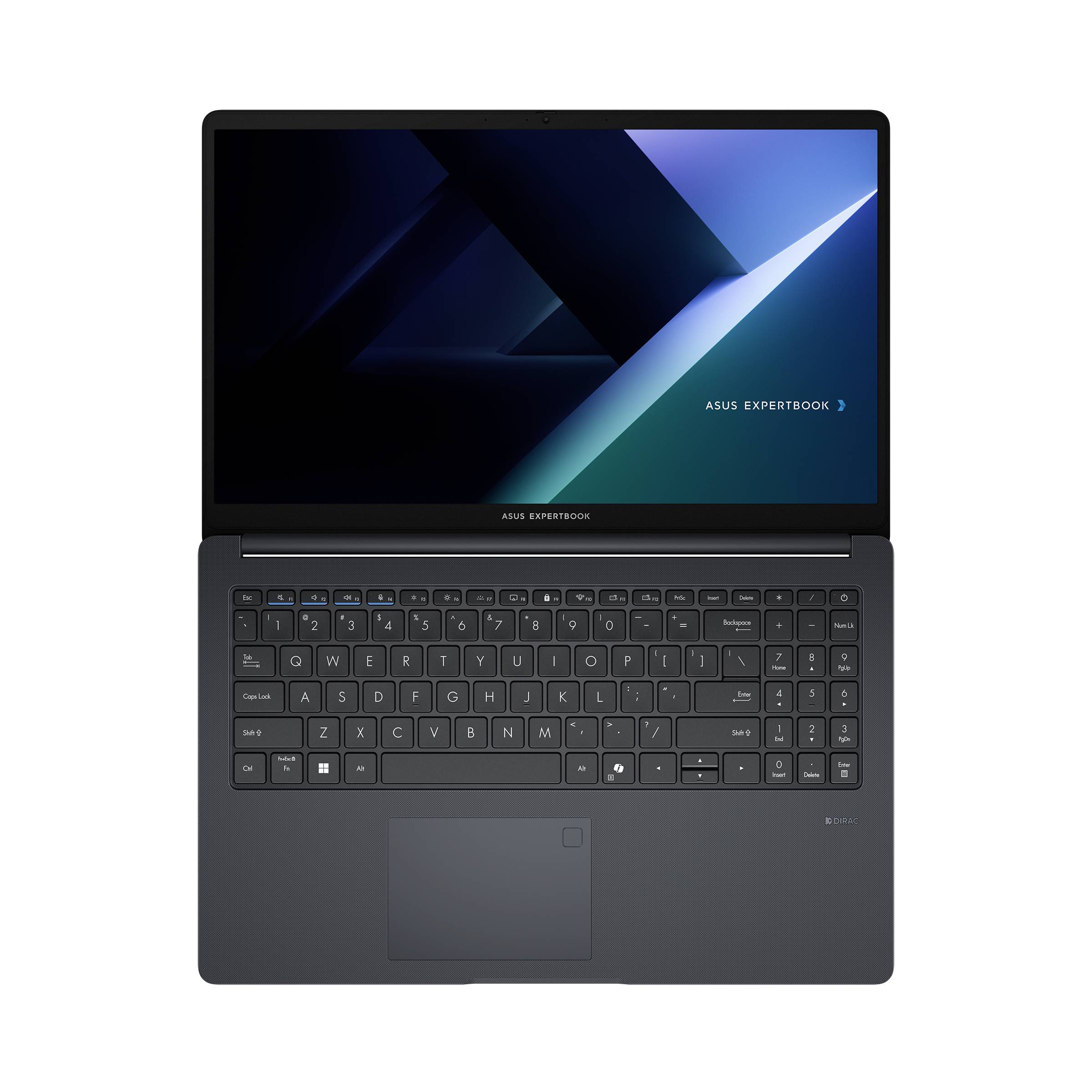 Öffnen Sie das geschlossene und frontal ausgerichtete ASUS ExpertBook Laptop mit dunkler Tastatur und blauem geometrischem Bildschirm, auf dem „ASUS EXPERTBOOK" angezeigt wird.