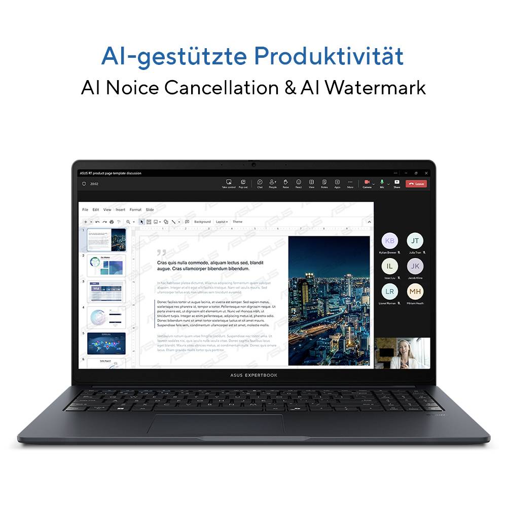 Laptop zeigt ein KI-gestütztes Videomeeting und eine Präsentation mit deutschem Text "KI-gestützte Produktivität" und "KI Rauschunterdrückung & KI Wasserzeichen" darüber.