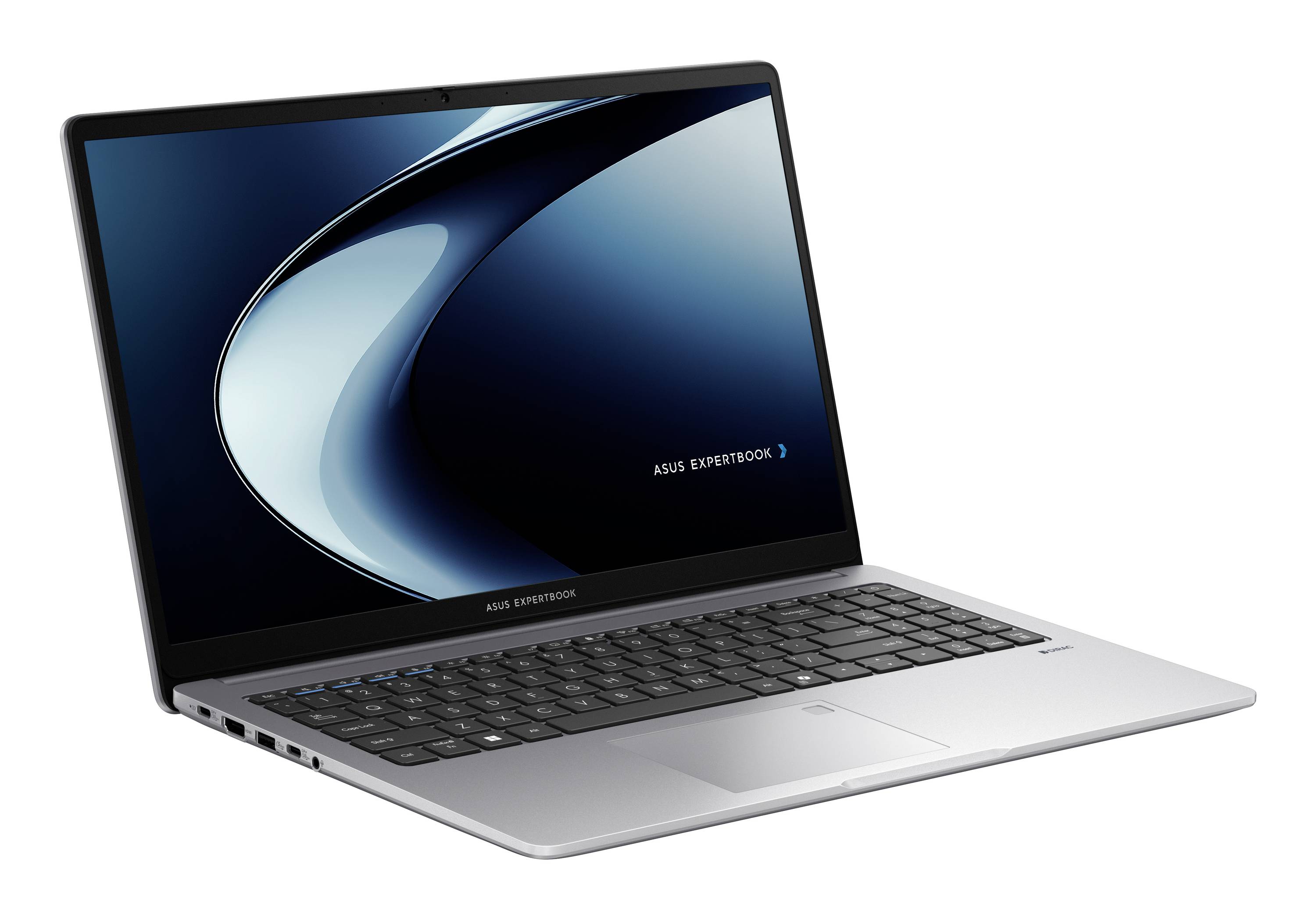 Aufgeklapptes ASUS ExpertBook Laptop auf weißem Hintergrund, zeigt dunkelblauen abstrakten Hintergrund und silberne Tastaturablage.