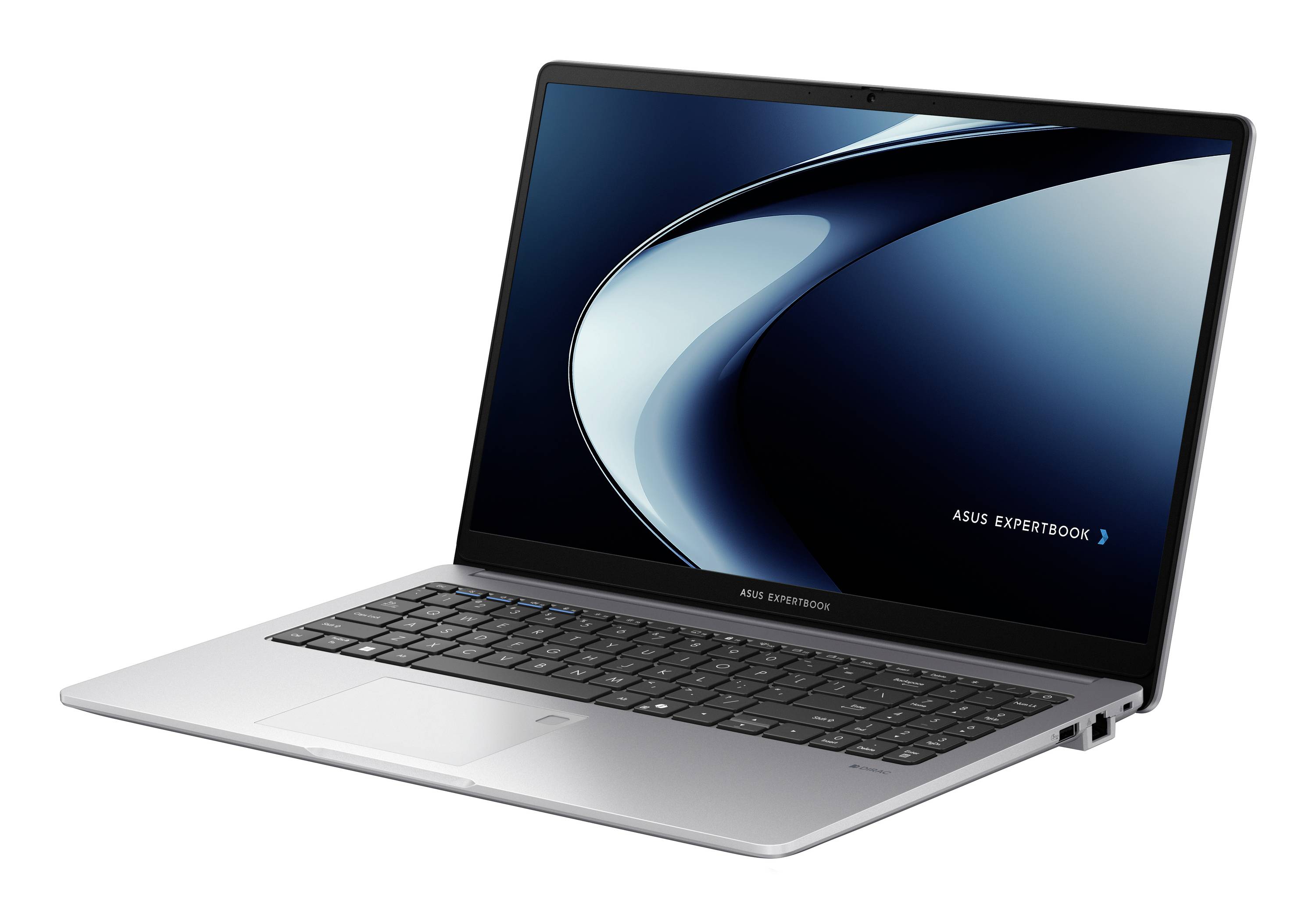 Silberner Asus ExpertBook Laptop in einem Winkel geöffnet, zeigt einen dunkelblau abstrakten Bildschirm und Tastatur auf weißem Hintergrund.