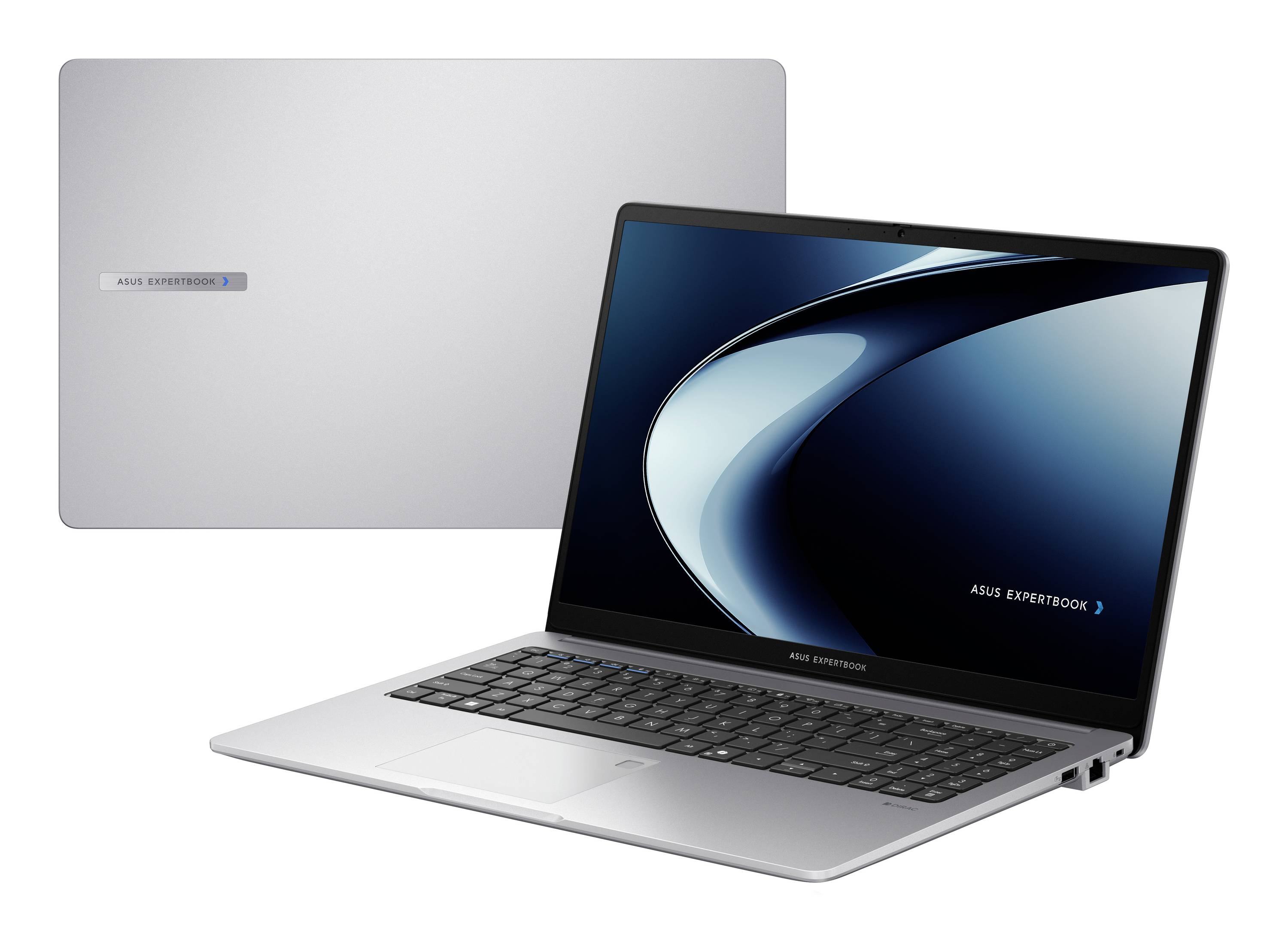 Silberner ASUS ExpertBook Laptop, offen dargestellt mit blauem abstraktem Bildschirm, daneben die geschlossene Abdeckung im Hintergrund.