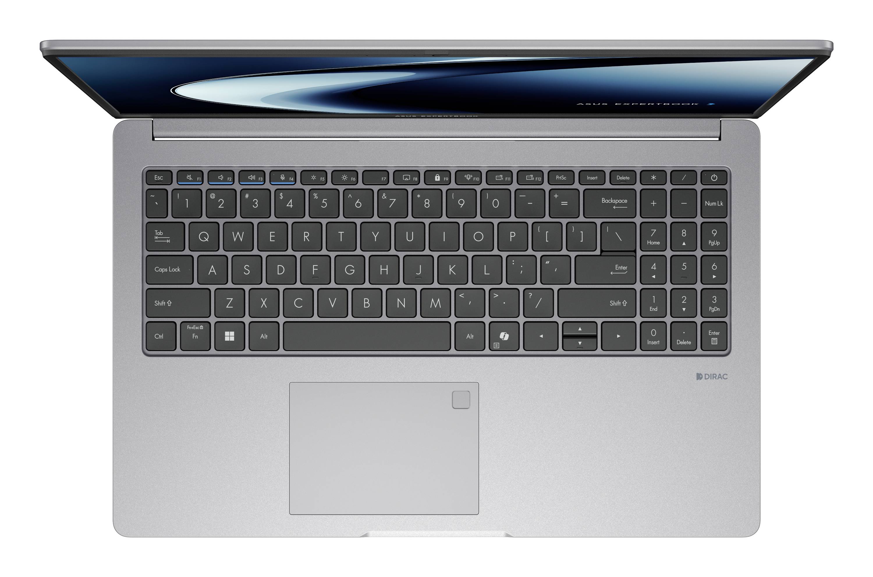 Draufsicht auf einen offenen silbernen Laptop mit dunkler Tastatur, großem Touchpad und Bildschirm, der ein blaues abstraktes Bild anzeigt.