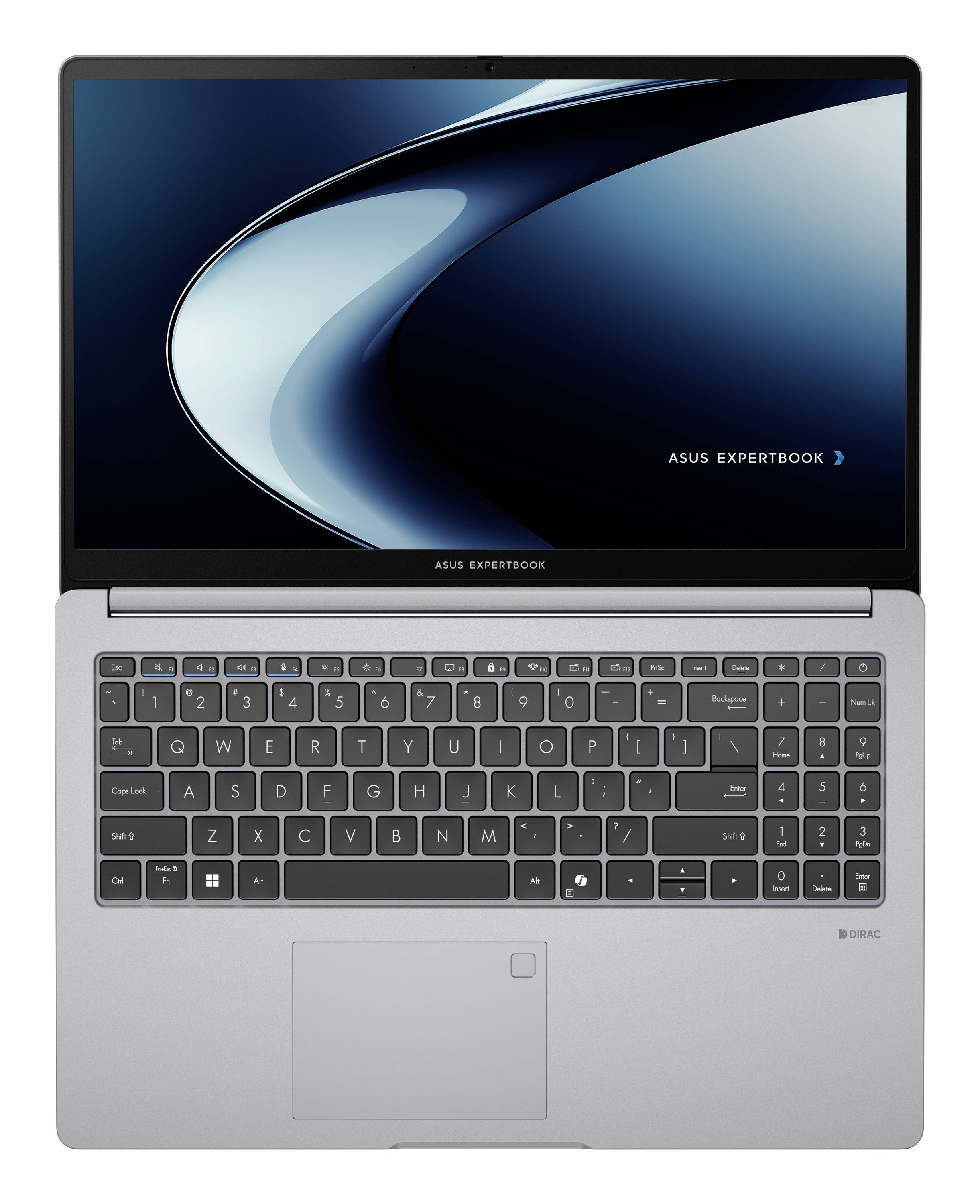 Silberner ASUS ExpertBook Laptop, offen auf neutralem Hintergrund dargestellt, mit sichtbarem Bildschirm, Tastatur und großem Touchpad.
