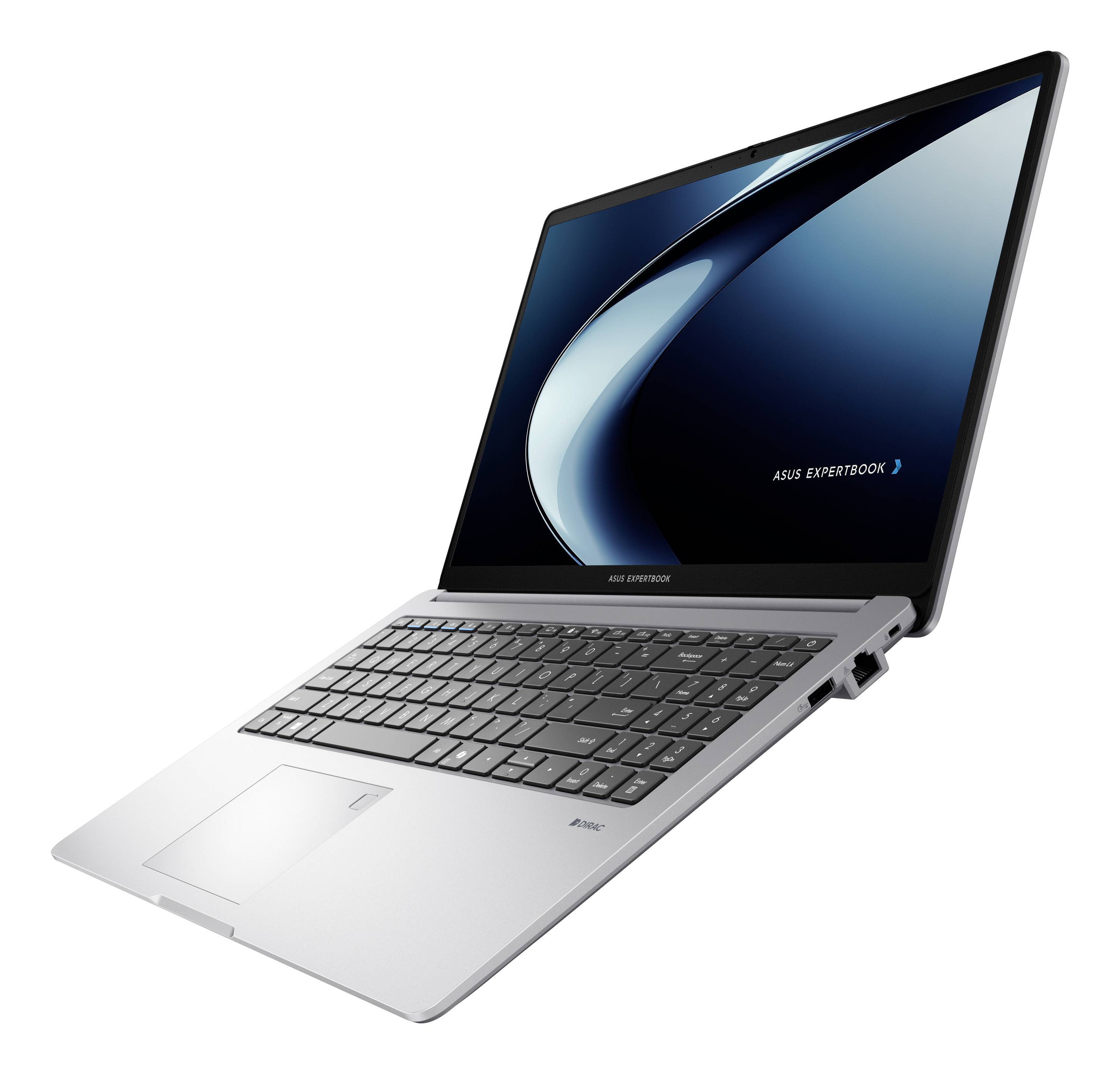Silbernes ASUS ExpertBook Laptop auf weißem Hintergrund, zeigt Bildschirm und Tastatur aus einem Winkel.