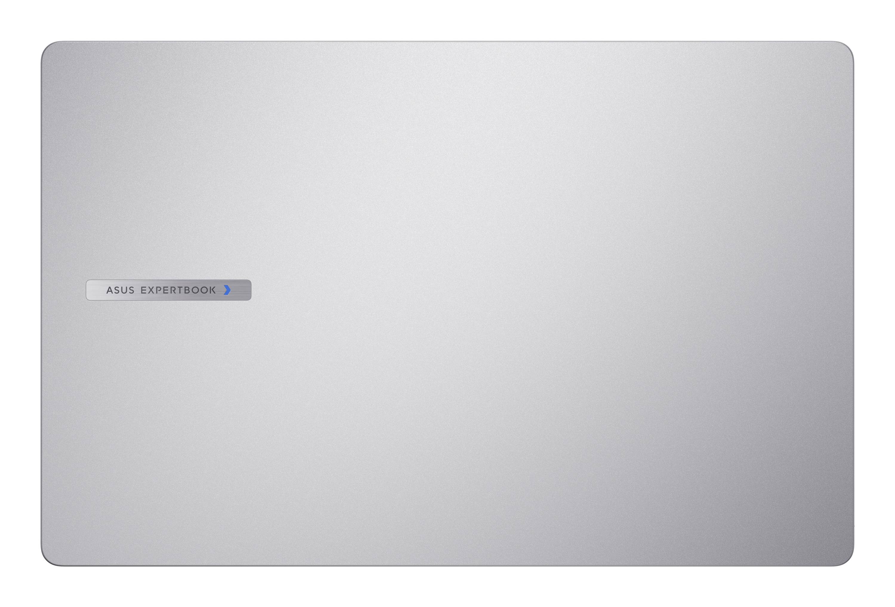 Silberner Asus ExpertBook Laptopdeckel mit kleinem Logo und blauem Akzentabzeichen