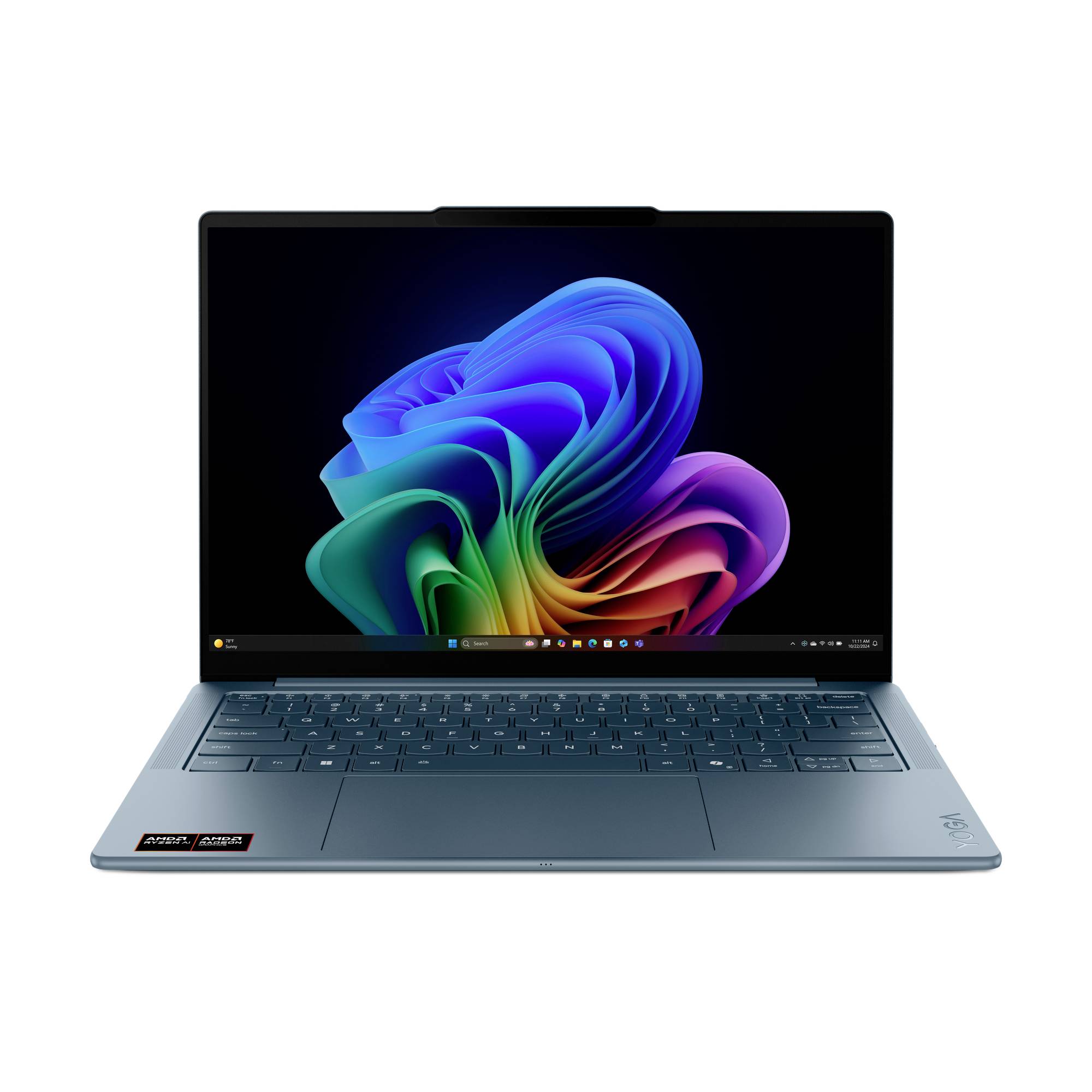 Vorderansicht eines silbernen Laptops mit einem farbenfrohen abstrakten Hintergrundbild auf dem Bildschirm