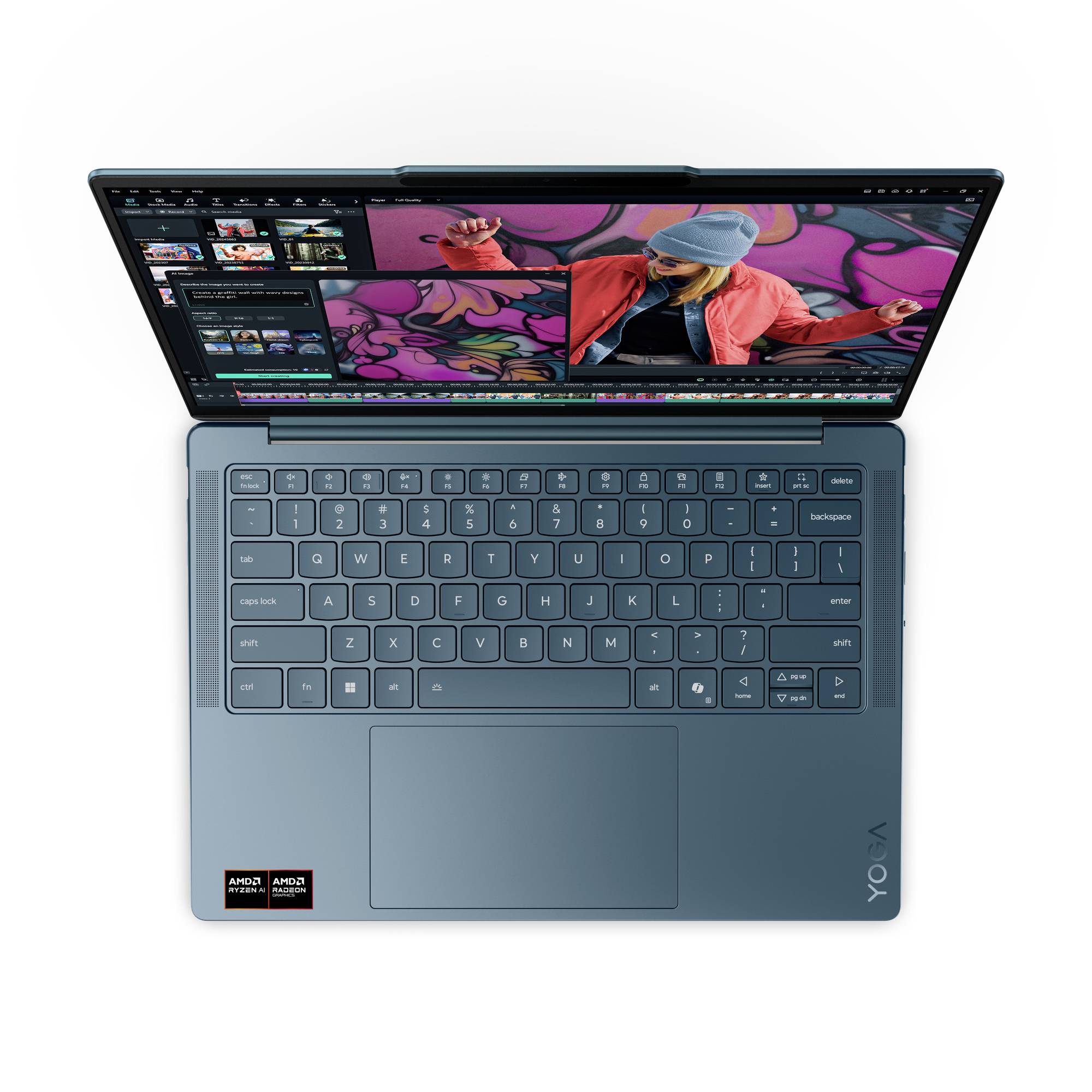 Draufsicht auf einen blauen Laptop mit geöffneter Bearbeitungssoftware auf dem Bildschirm, die eine Frau in einer rosa Jacke vor einem farbenfrohen Graffiti-Hintergrund zeigt.