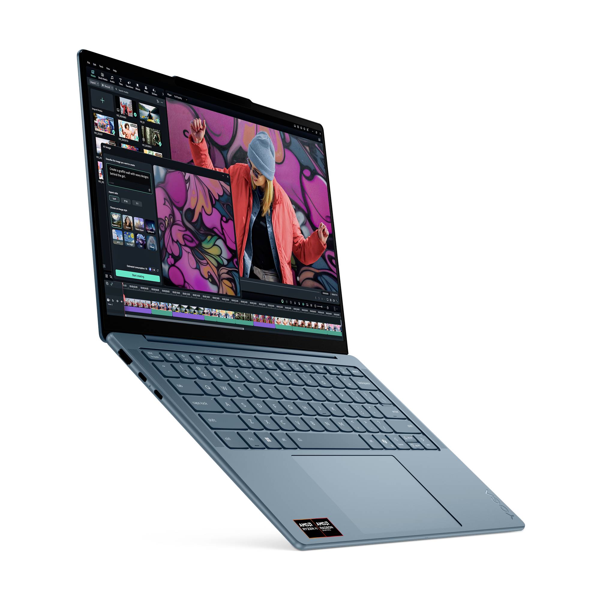 Schlanker silberner Laptop, der offen im Winkel dargestellt ist und Videobearbeitungssoftware anzeigt, mit einer Person, die in der Vorschau tanzt, und Zeitleisten-Miniaturansichten darunter.