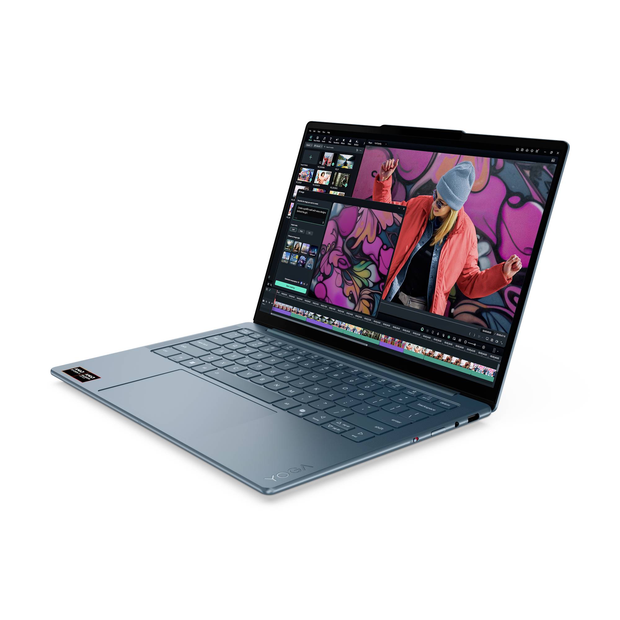 Dünner Laptop, der eine Videobearbeitungsoberfläche mit einer Frau anzeigt, die vor bunten Graffiti auf dem Bildschirm tanzt.