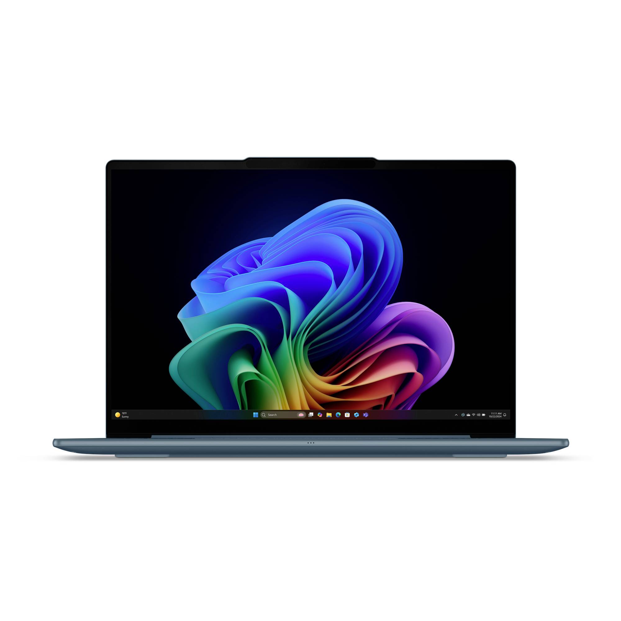 Ein Laptop zeigt eine bunte, abstrakte blumenähnliche Tapete auf einem dunklen Bildschirm an.