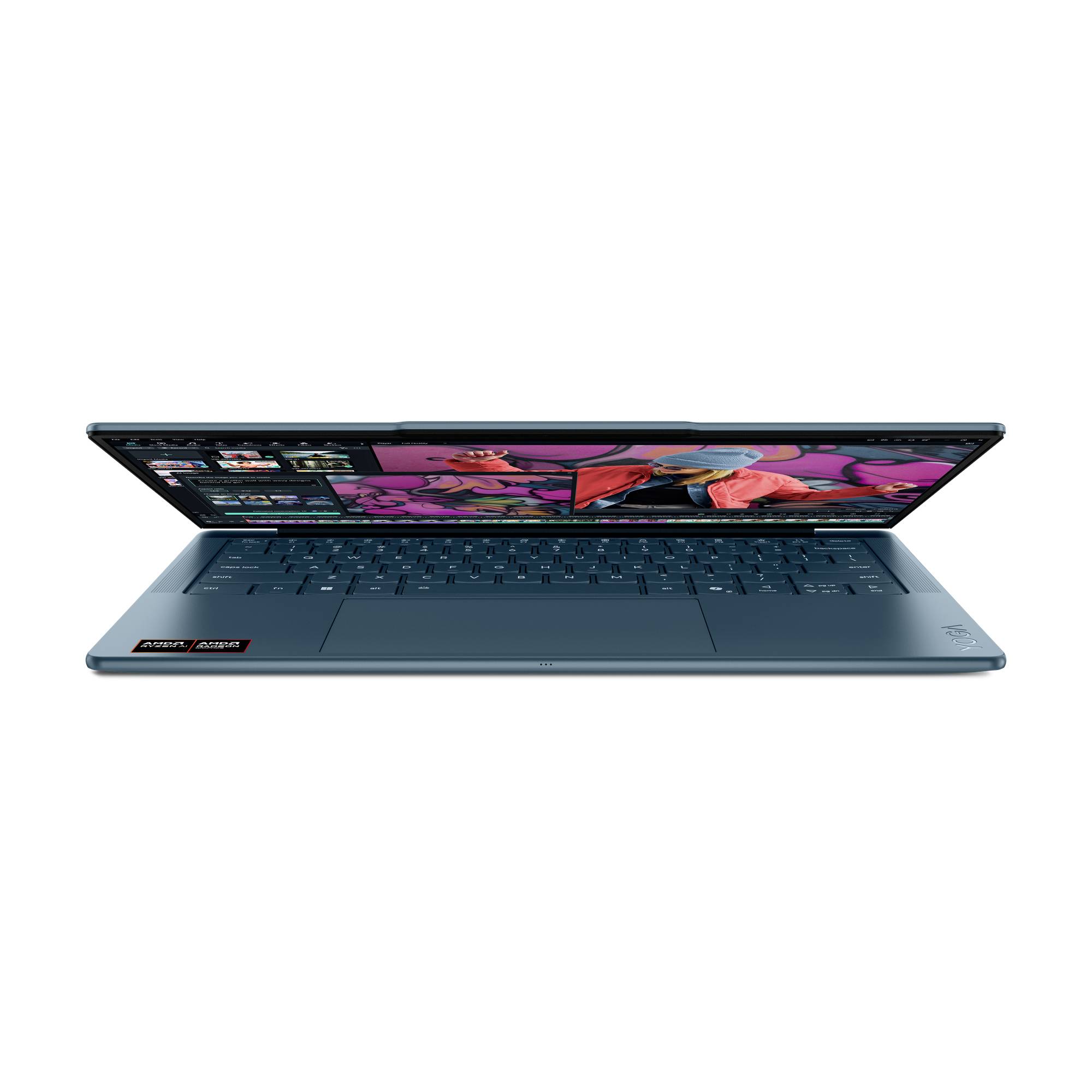 Offener Laptop-Computer auf weißem Hintergrund, zeigt einen farbenfrohen Bildschirm und eine vollständige Tastatur in einem schlanken blauen Gehäuse.