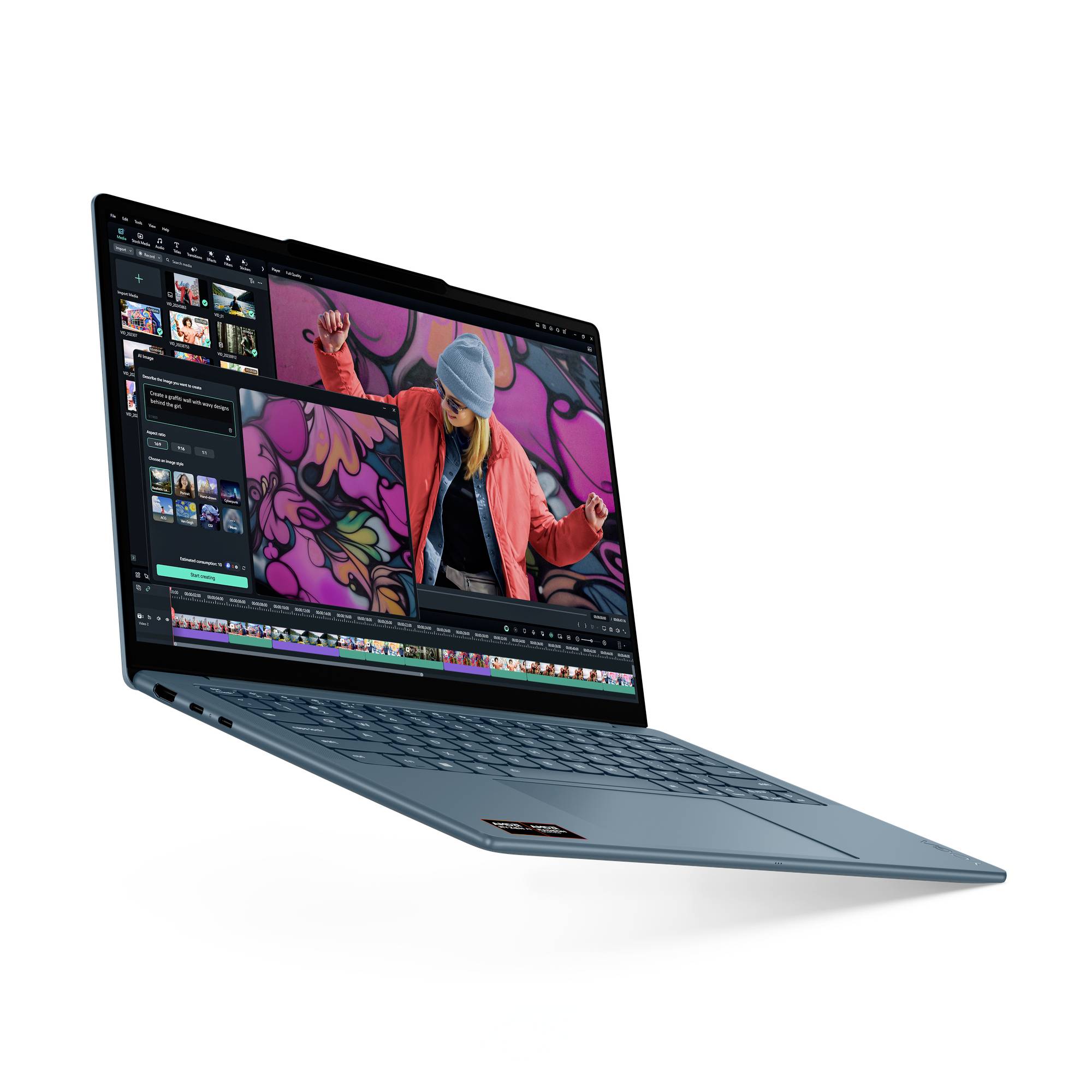 Ein schlanker Laptop, auf dem Videobearbeitungssoftware angezeigt wird, mit einer Tänzerin in der Vorschau und farbenfrohem Graffiti-Filmmaterial auf dem Bildschirm.