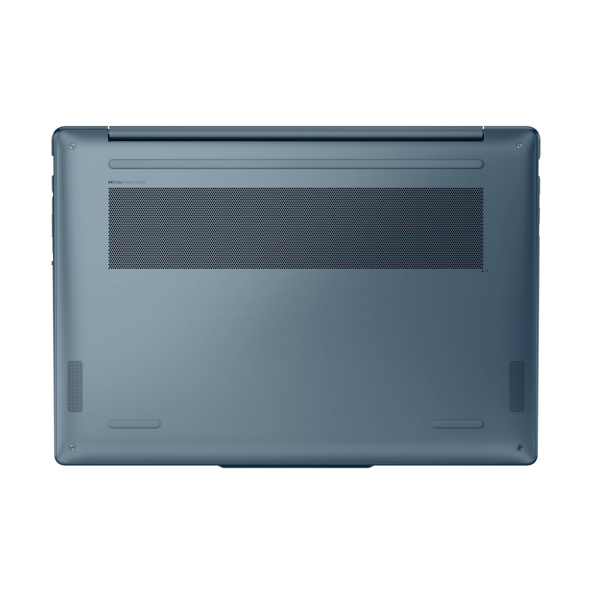 Unteransicht eines geschlossenen Laptops, die ein Belüftungsgitter, Füße und Seitenports auf einem graublauem Gehäuse zeigt.