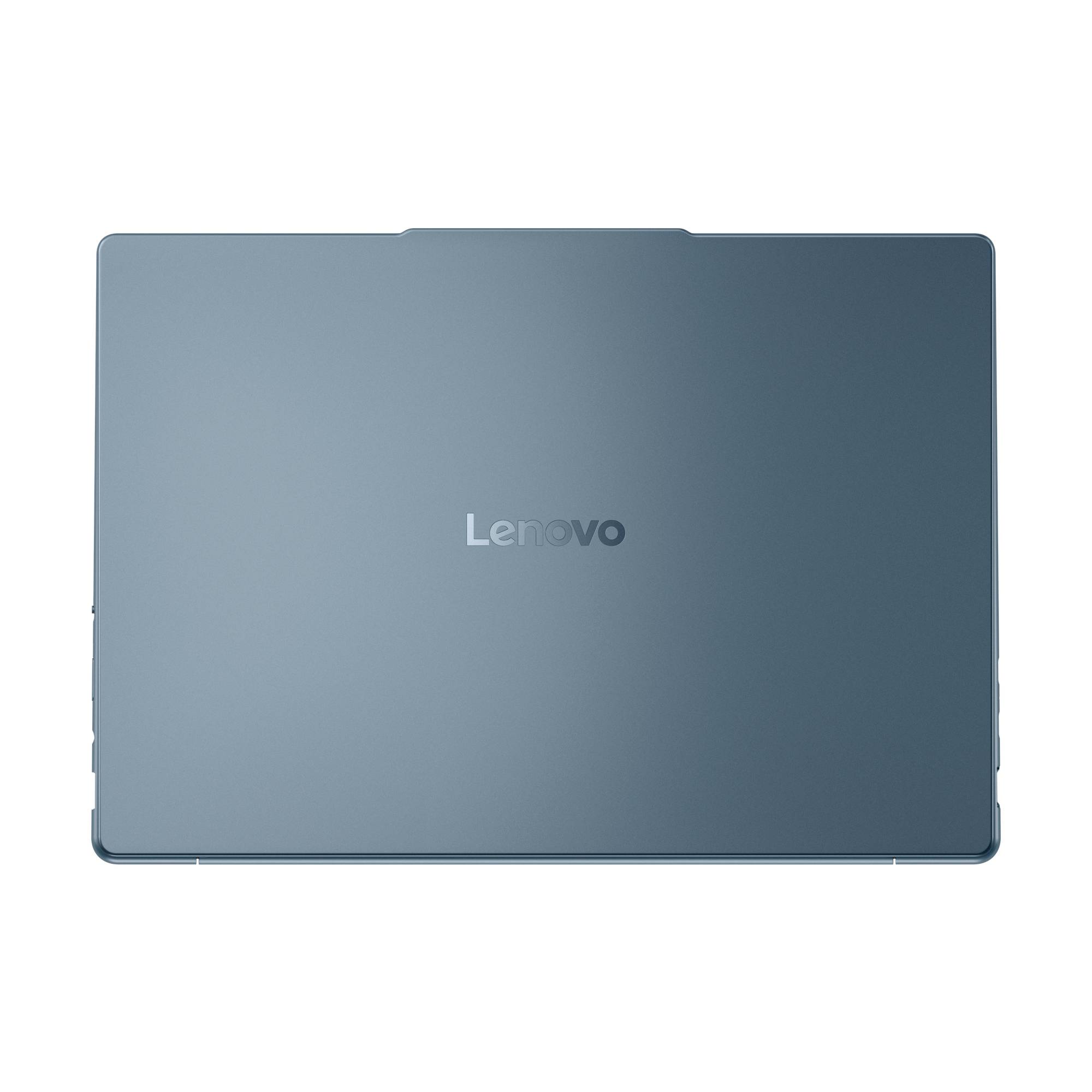 Geschlossener grauer Lenovo-Laptop von oben auf weißem Hintergrund gesehen
