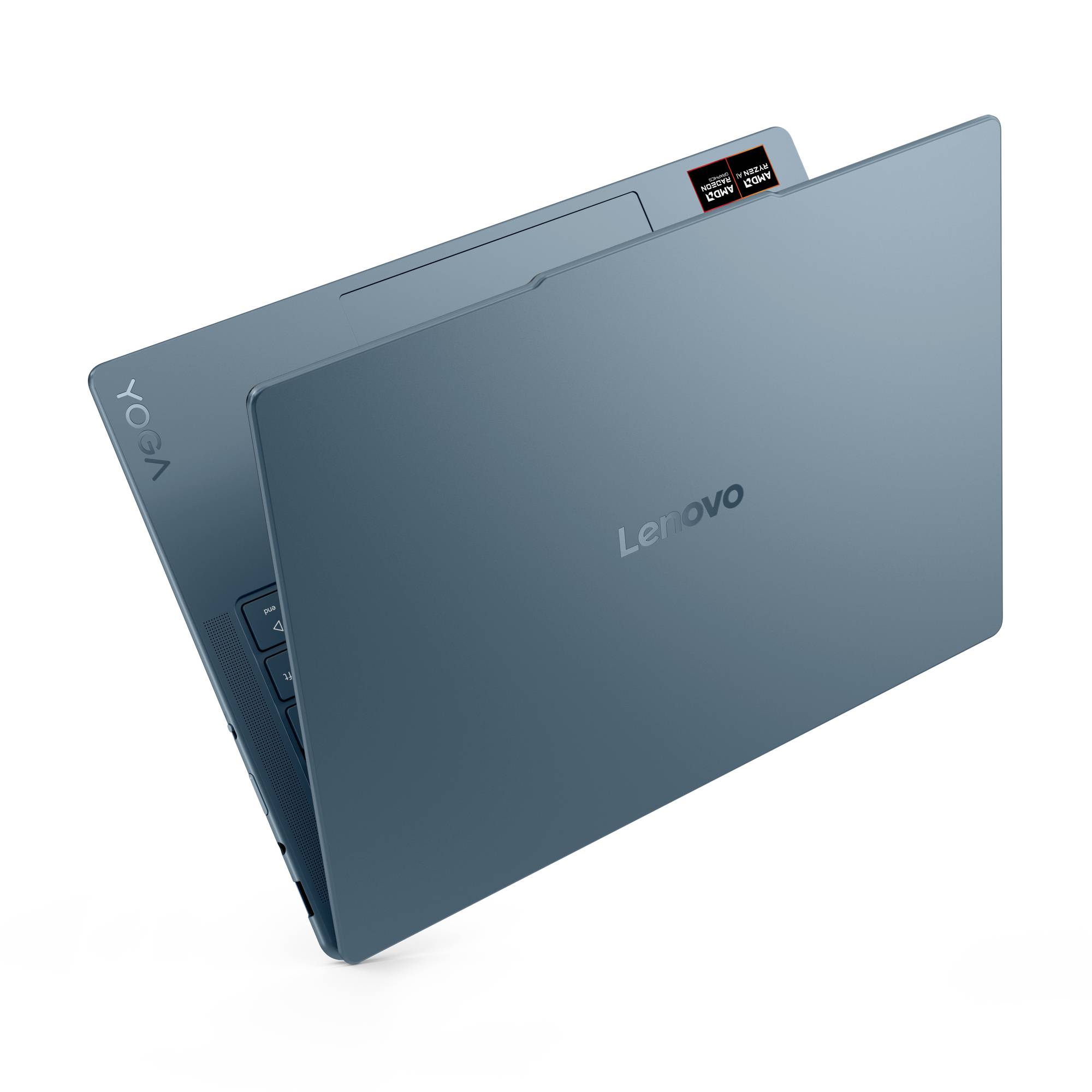 Blauer Lenovo IdeaPad-Laptop in Schrägansicht von hinten teilweise geöffnet auf weißem Hintergrund.