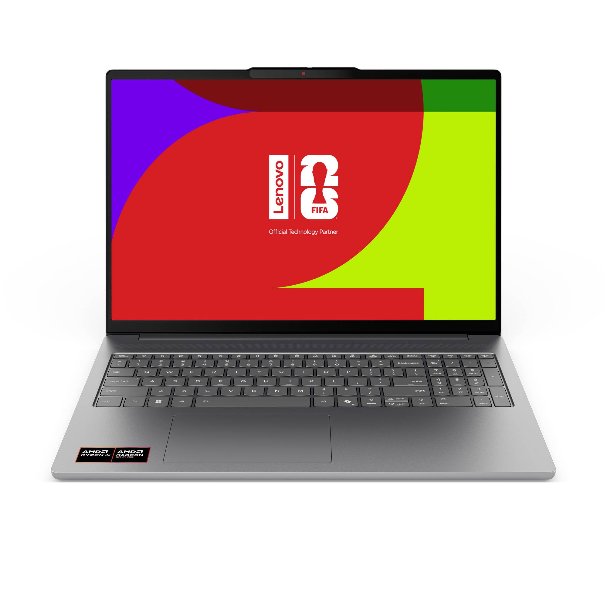 Silberner Lenovo-Laptop mit farbenfrohem FIFA-Logo und der Aufschrift „Official Technology Partner