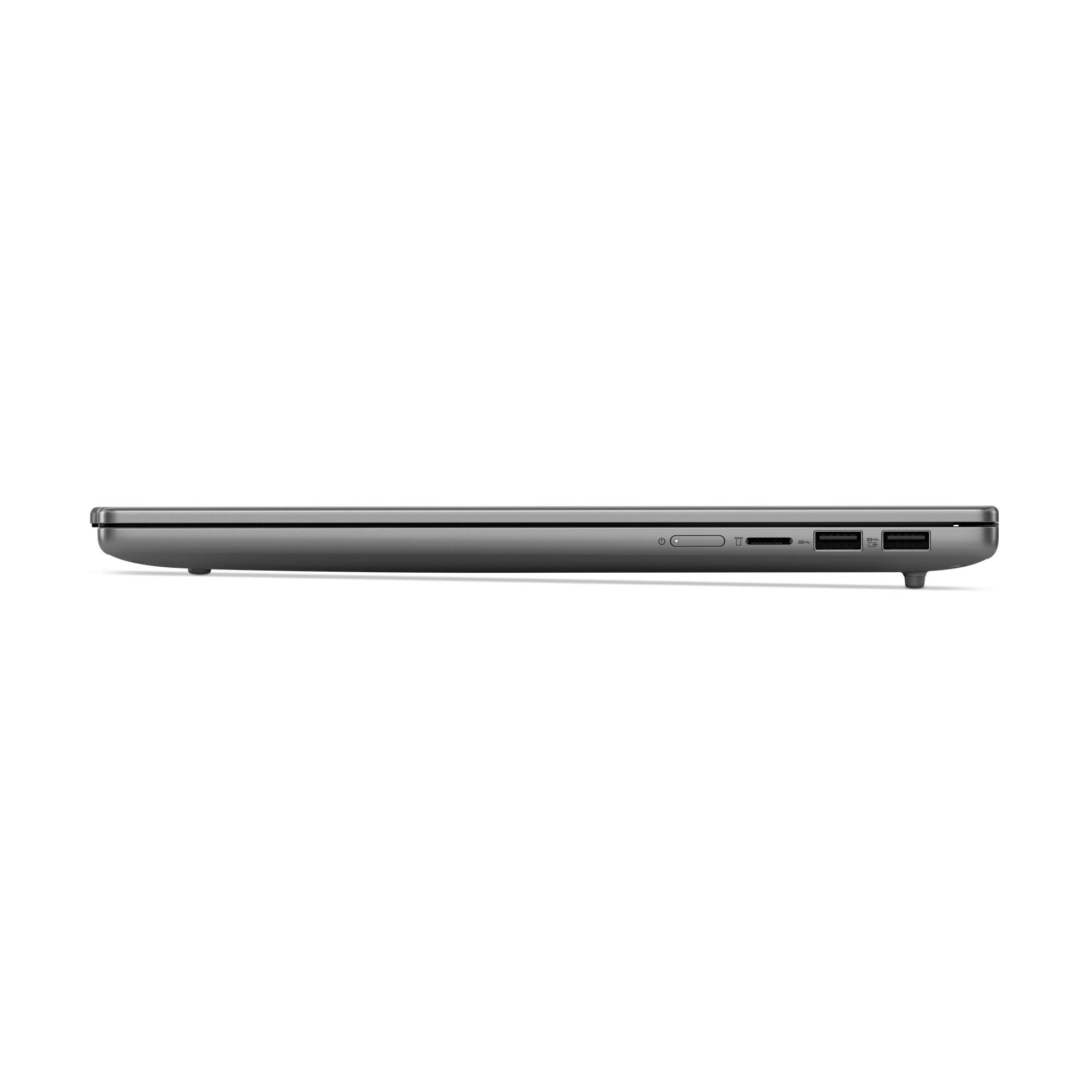 Seitenansicht eines geschlossenen Laptops, die das dünne Profil mit Anschlüssen und Statusleuchten an der rechten Kante zeigt.