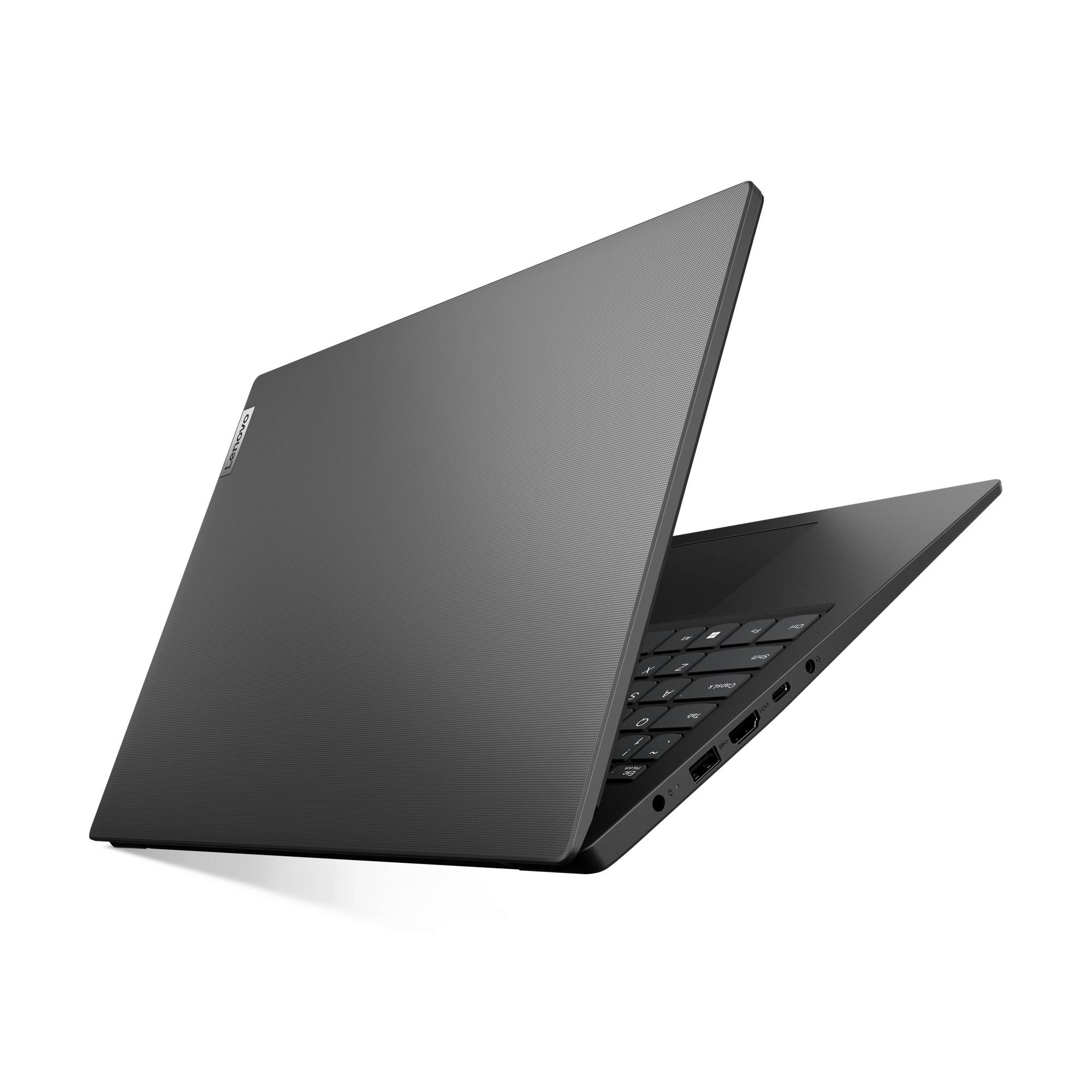 Ein schwarzer Laptop, teilweise geöffnet, zeigt die Tastatur und die seitlichen Anschlüsse auf einem einfachen weißen Hintergrund.