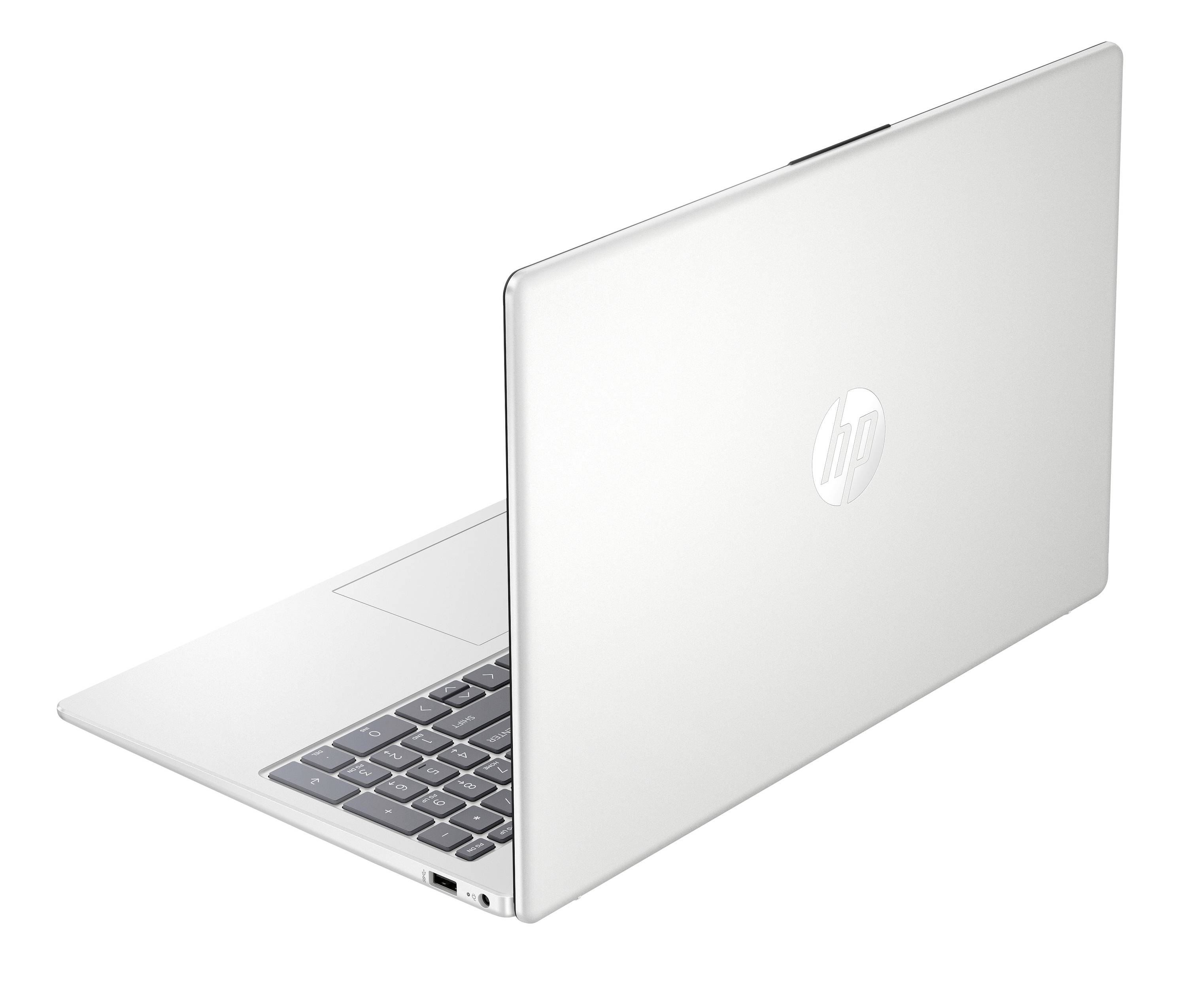 Silber-HP-Laptop, teilweise geöffnet, in einer Seitenansicht auf weißem Hintergrund.