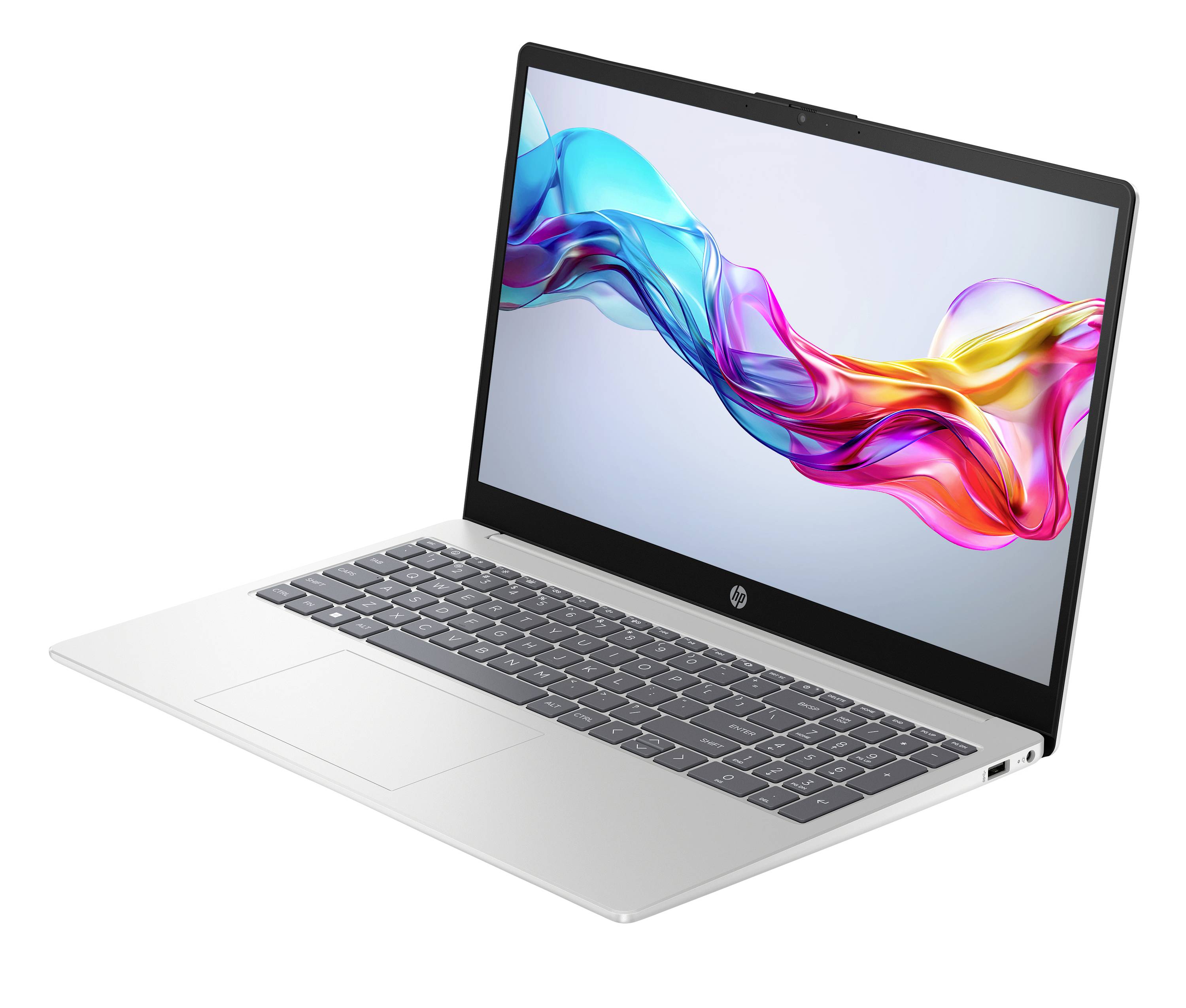 Silberner HP-Laptop, geöffnet auf weißem Hintergrund, mit einer bunten abstrakten Welle auf dem Bildschirm.