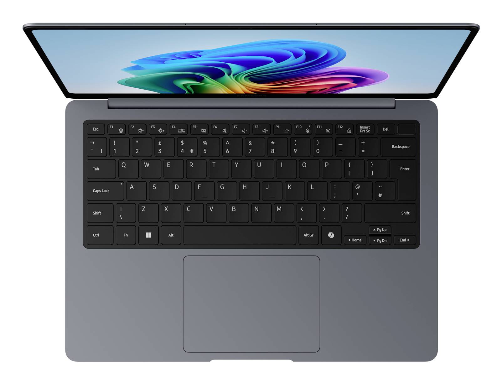 Laptop mit buntem abstraktem Hintergrundbild auf dem Bildschirm, von oben gezeigt mit sichtbarer Tastatur und großem Trackpad.