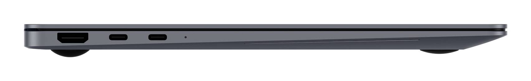 Seitenansicht eines geschlossenen grauen Laptops mit schmalem Profil, Anschlüssen an der linken Kante sowie sichtbarem Scharnier und Füßen darunter.