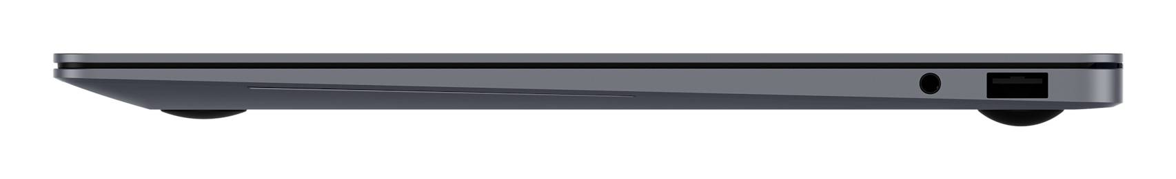 Seitenansicht eines geschlossenen Laptops mit einem dünnen silbernen Profil, schwarzer Unterseite und sichtbaren Anschlüssen.