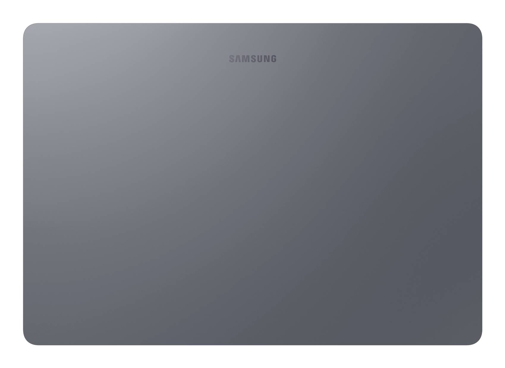 Geschlossener dunkelgrauer Samsung-Laptop-Deckel von oben betrachtet.