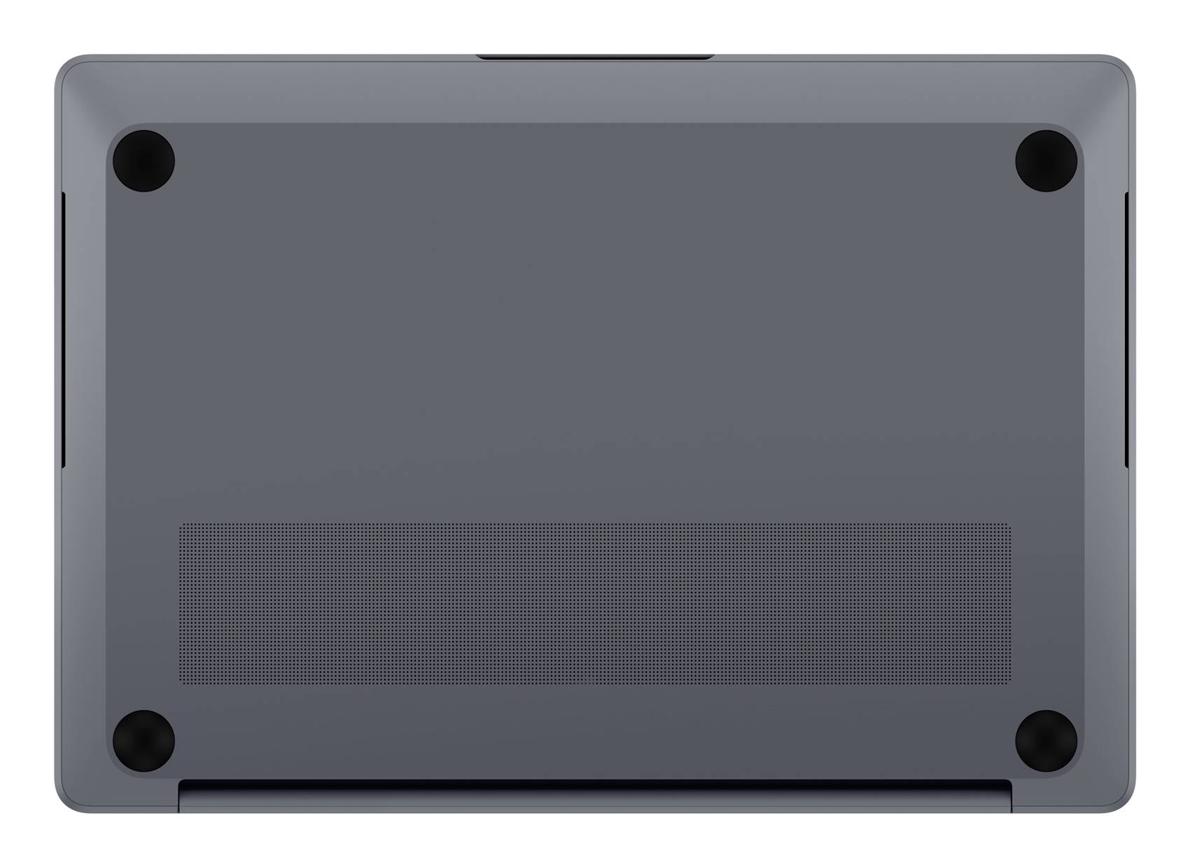 Ansicht von unten eines Laptops zeigt vier Gummifüße, Lüftungspanel und Scharnierbreich.